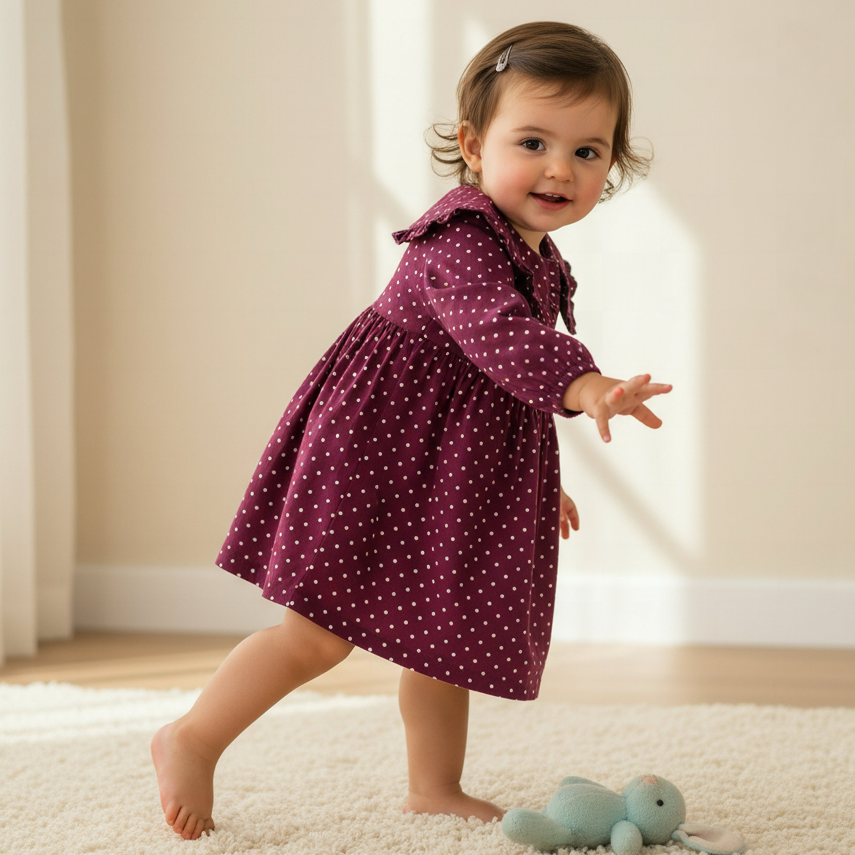فستان بأكمام طويلة وياقة بيتر بان وطبعات منقطة من جونيورز-baby-girls-clothing-dressesandjumpsuits-image-1