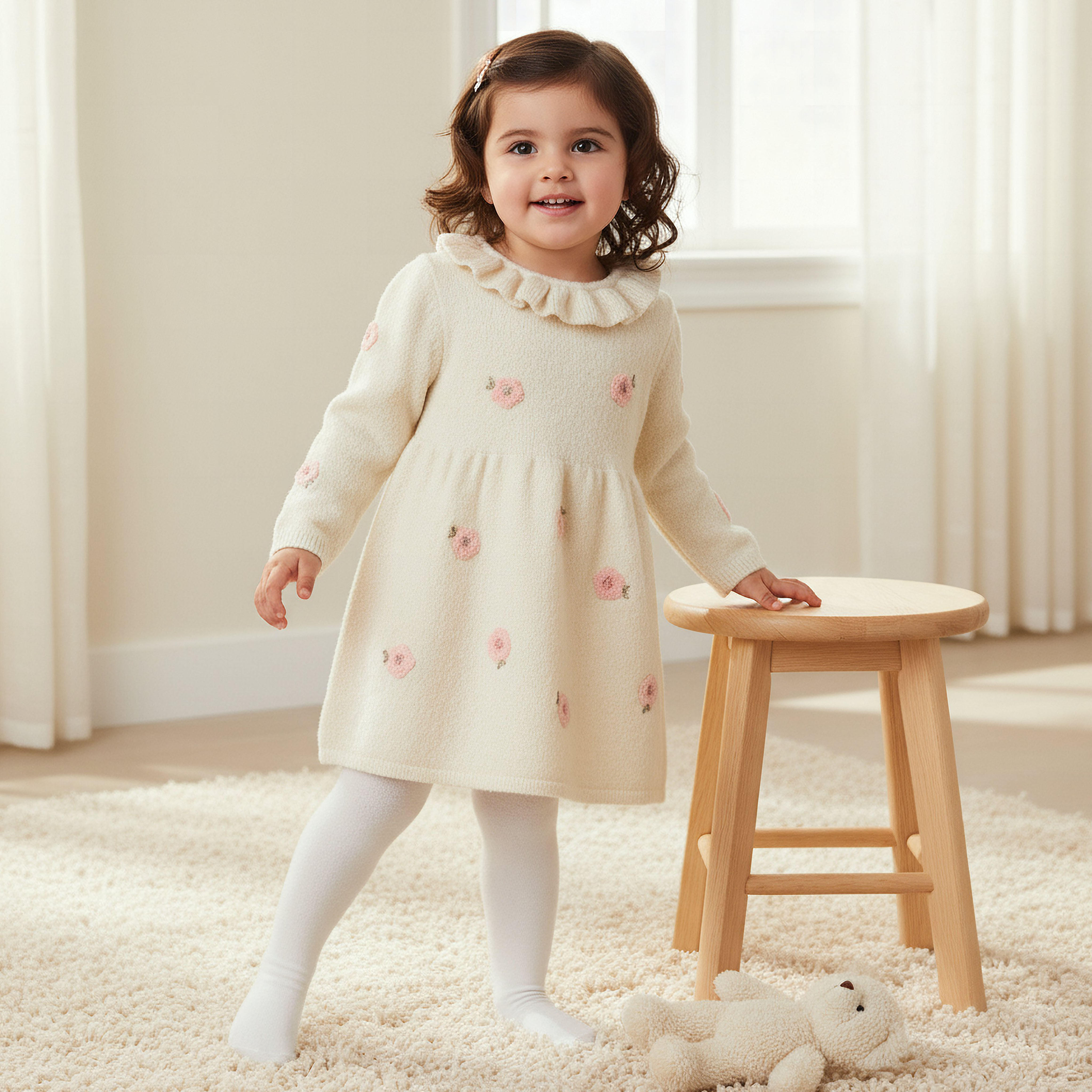 Juniors Floral Embroidered Dress with Tights-baby-girls-clothing-winterwear-dresses-image-1