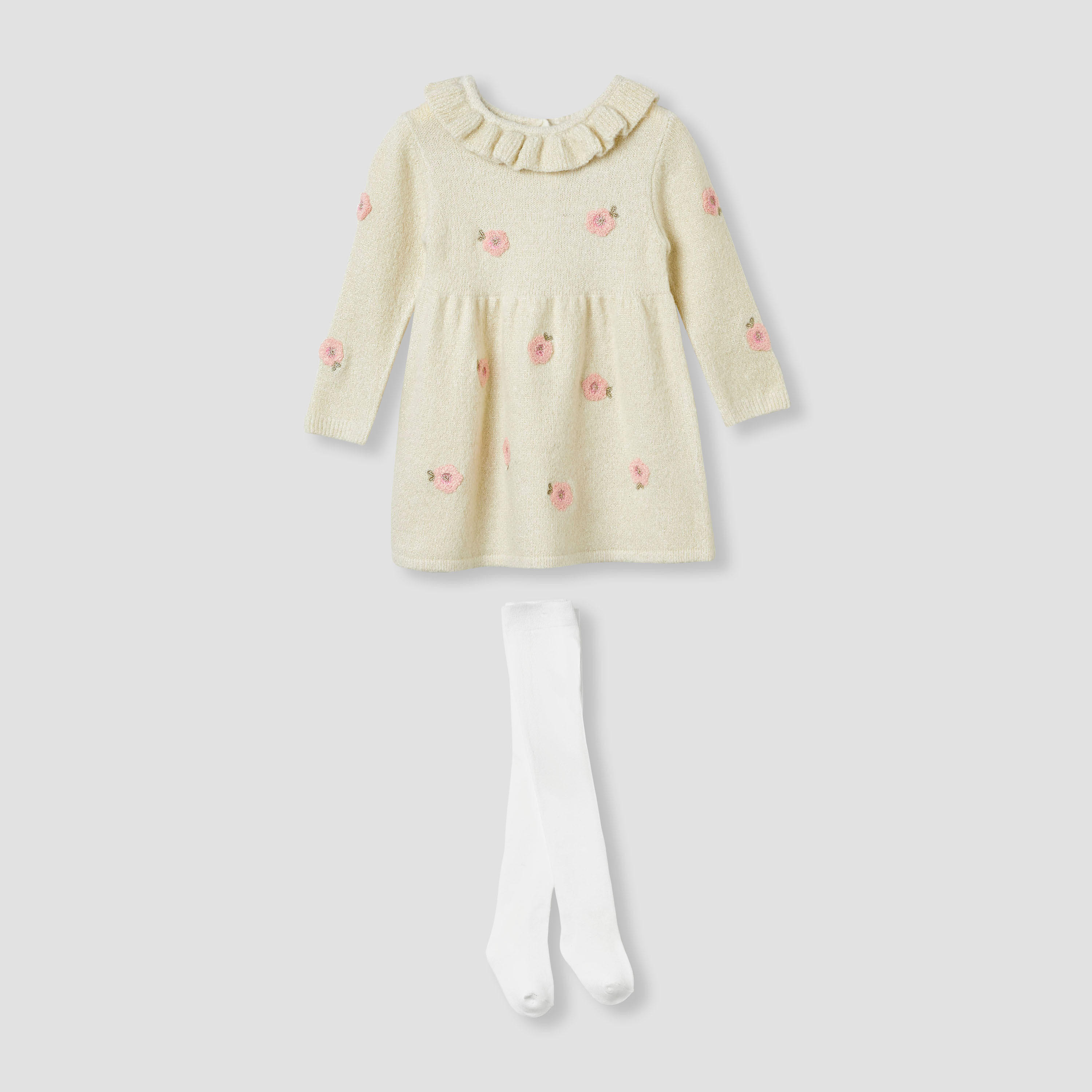Juniors Floral Embroidered Dress with Tights-baby-girls-clothing-winterwear-dresses-image-2
