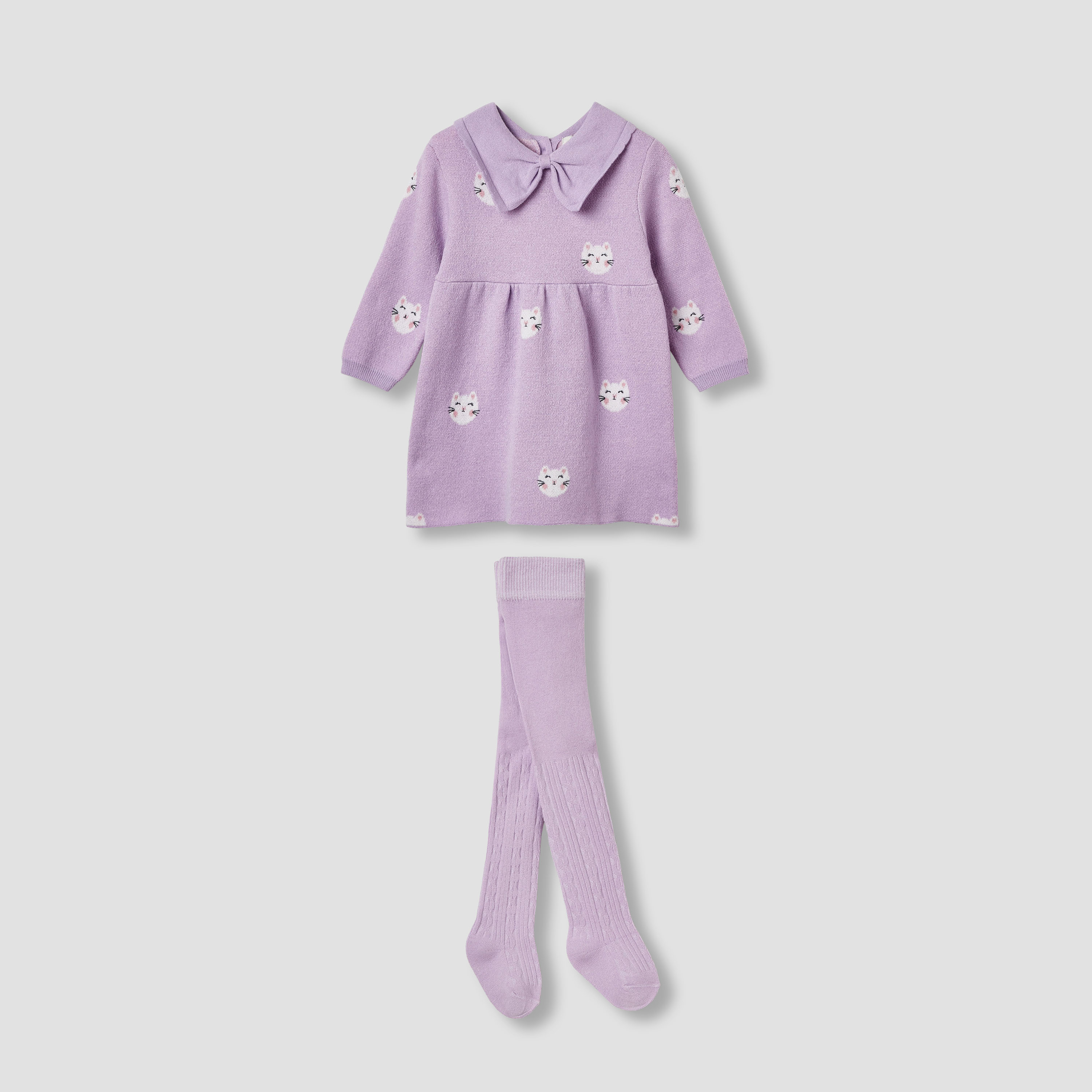 Juniors Cat Print Collared Dress with Long Sleeves and Stockings-baby-girls-clothing-winterwear-dresses-image-2
