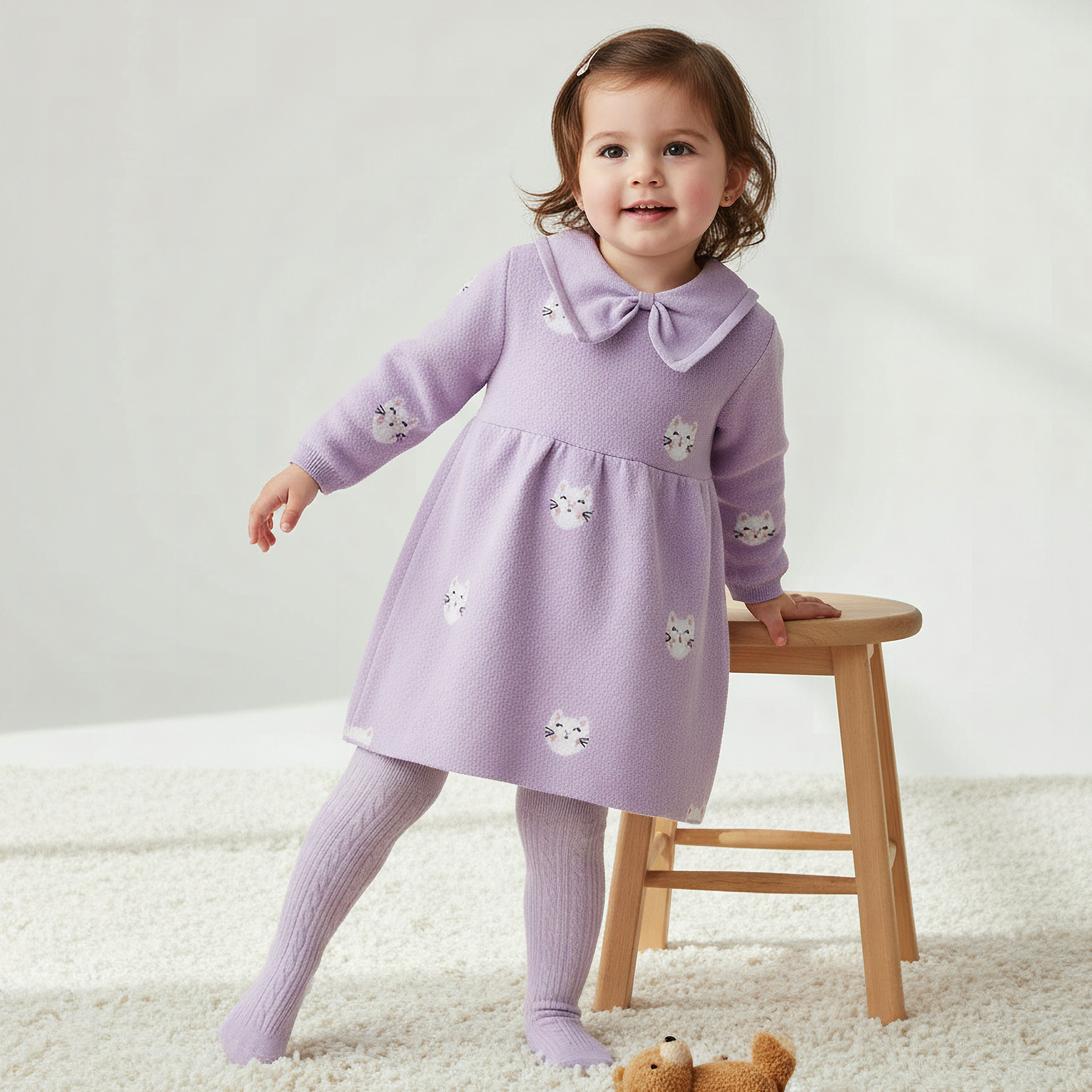 Juniors Cat Print Collared Dress with Long Sleeves and Stockings-baby-girls-clothing-winterwear-dresses-image-1