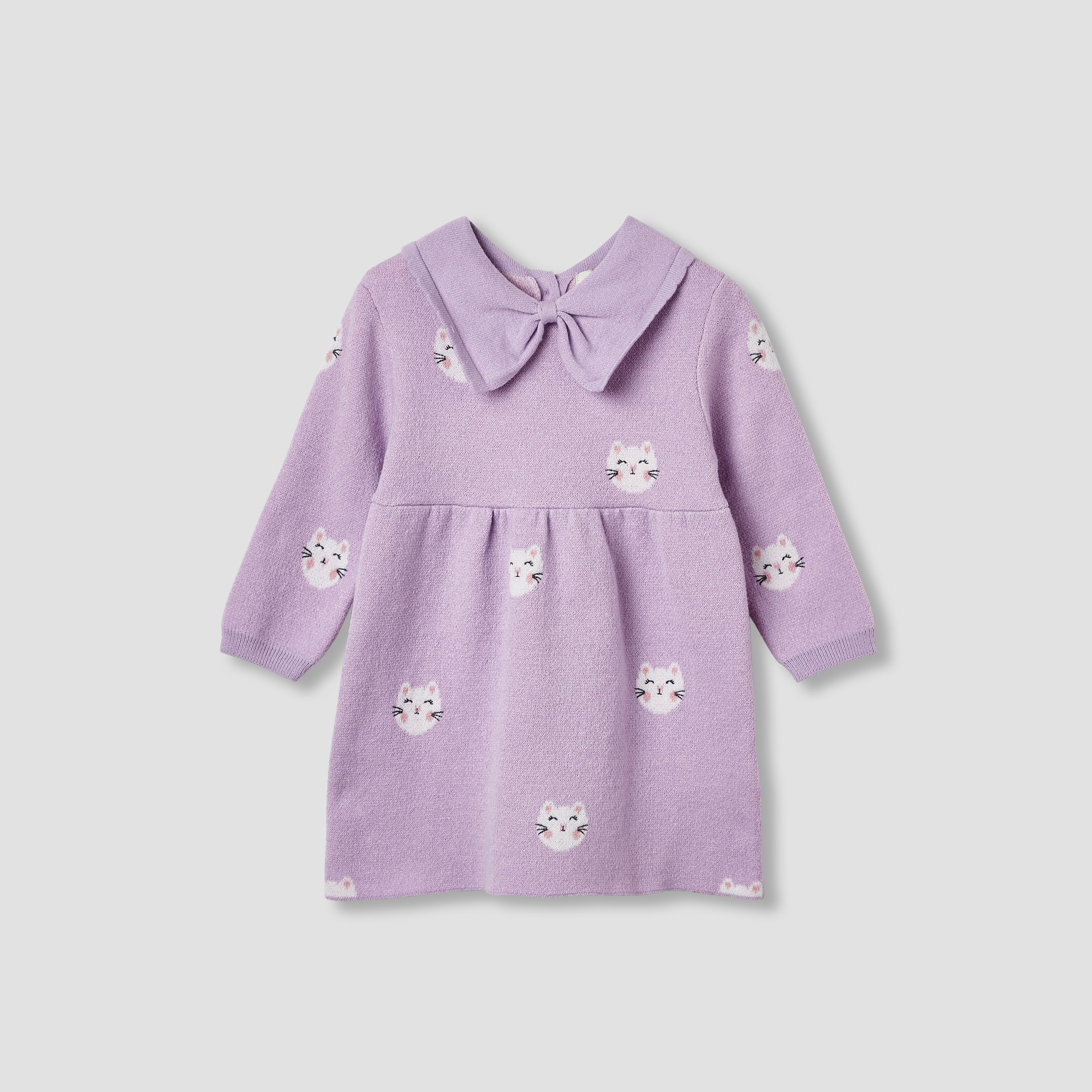 Juniors Cat Print Collared Dress with Long Sleeves and Stockings-baby-girls-clothing-winterwear-dresses-image-3