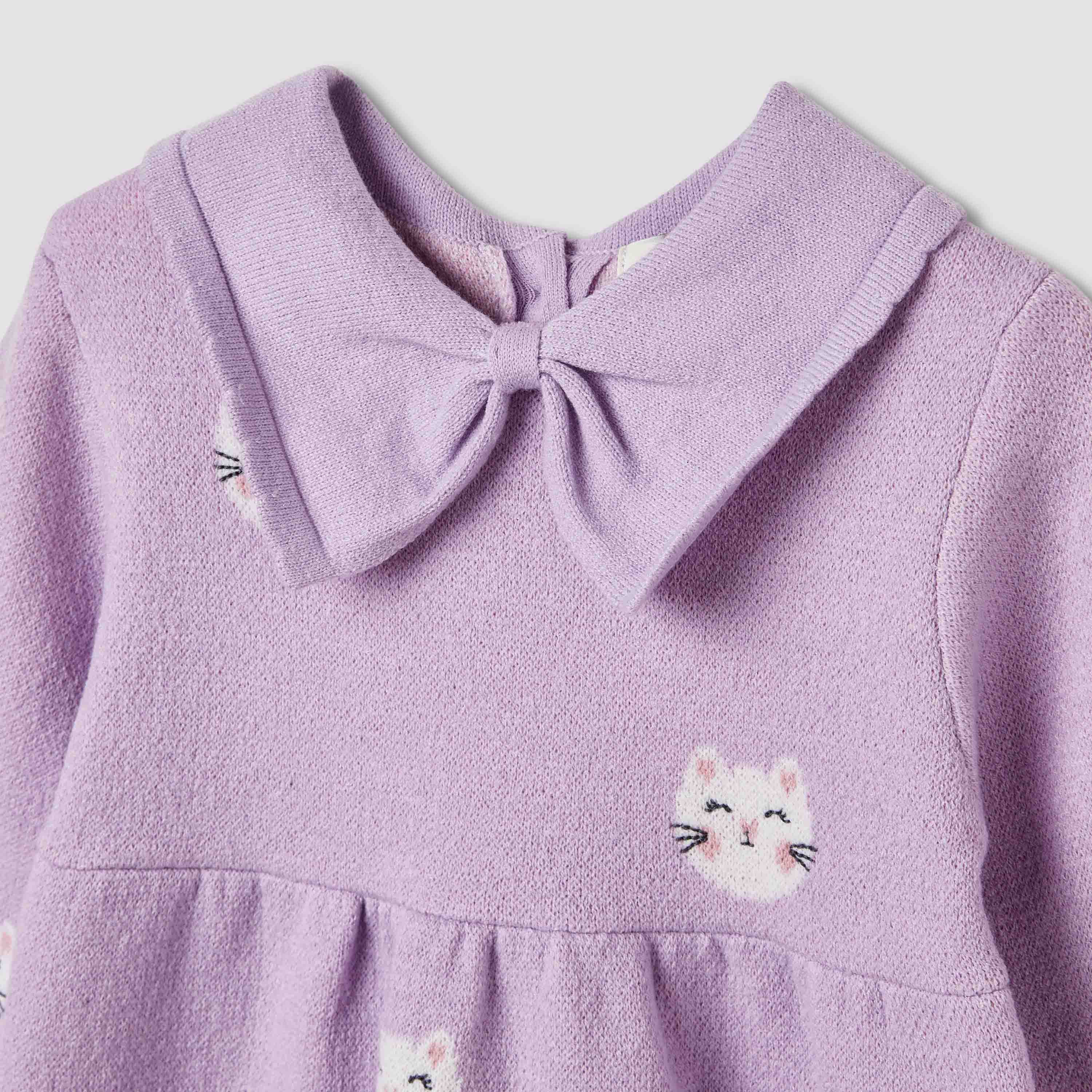 Juniors Cat Print Collared Dress with Long Sleeves and Stockings-baby-girls-clothing-winterwear-dresses-image-5