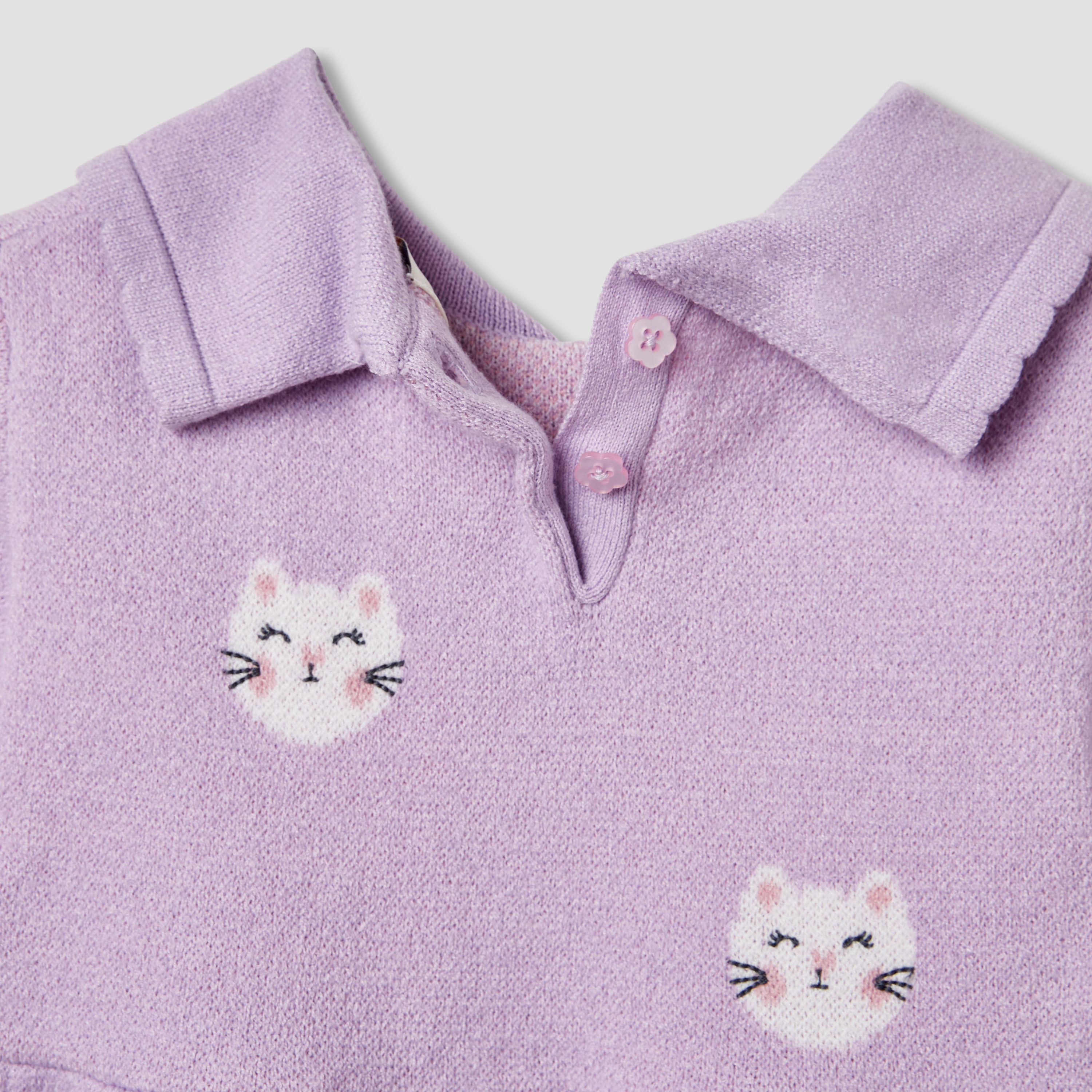 Juniors Cat Print Collared Dress with Long Sleeves and Stockings-baby-girls-clothing-winterwear-dresses-image-6