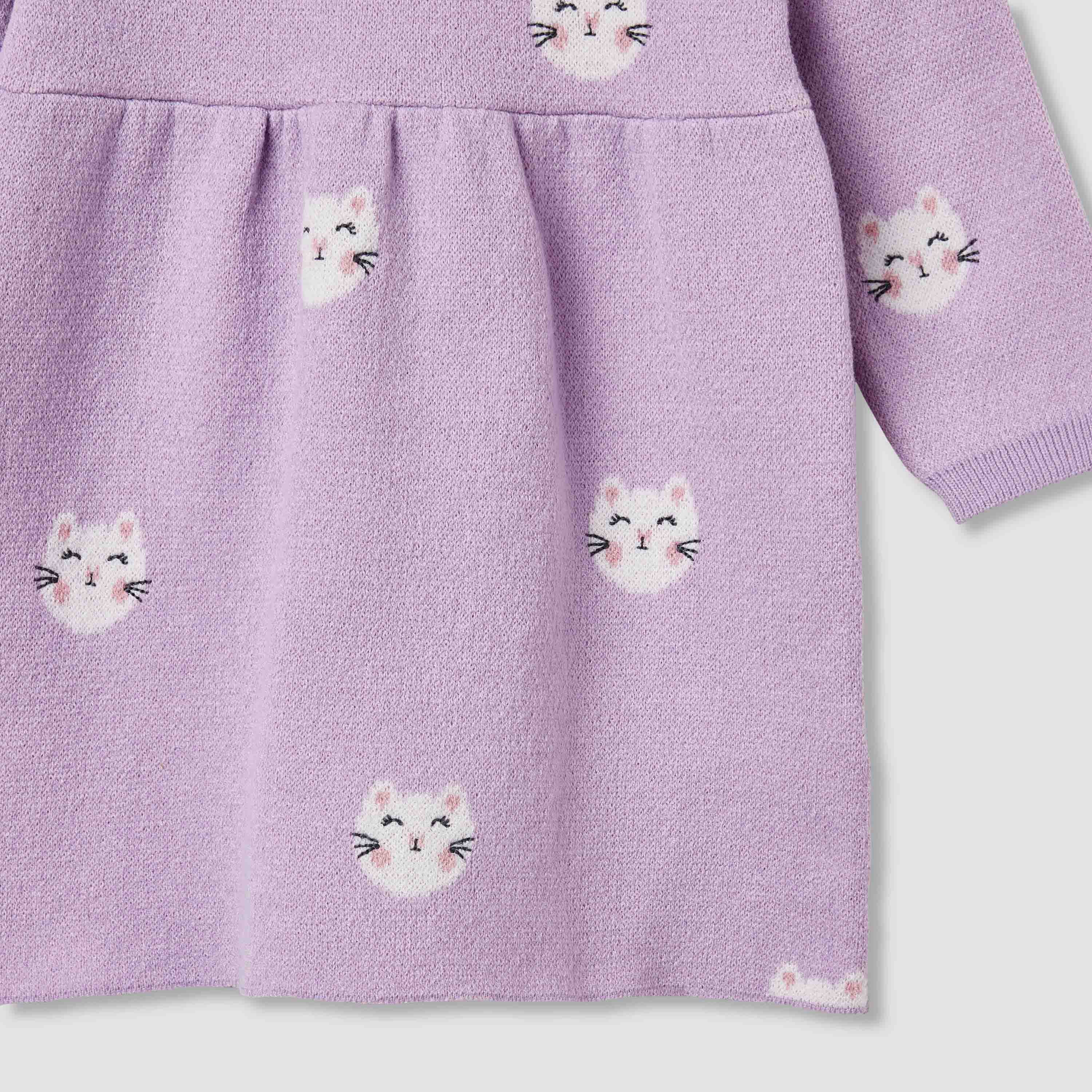 Juniors Cat Print Collared Dress with Long Sleeves and Stockings-baby-girls-clothing-winterwear-dresses-image-7