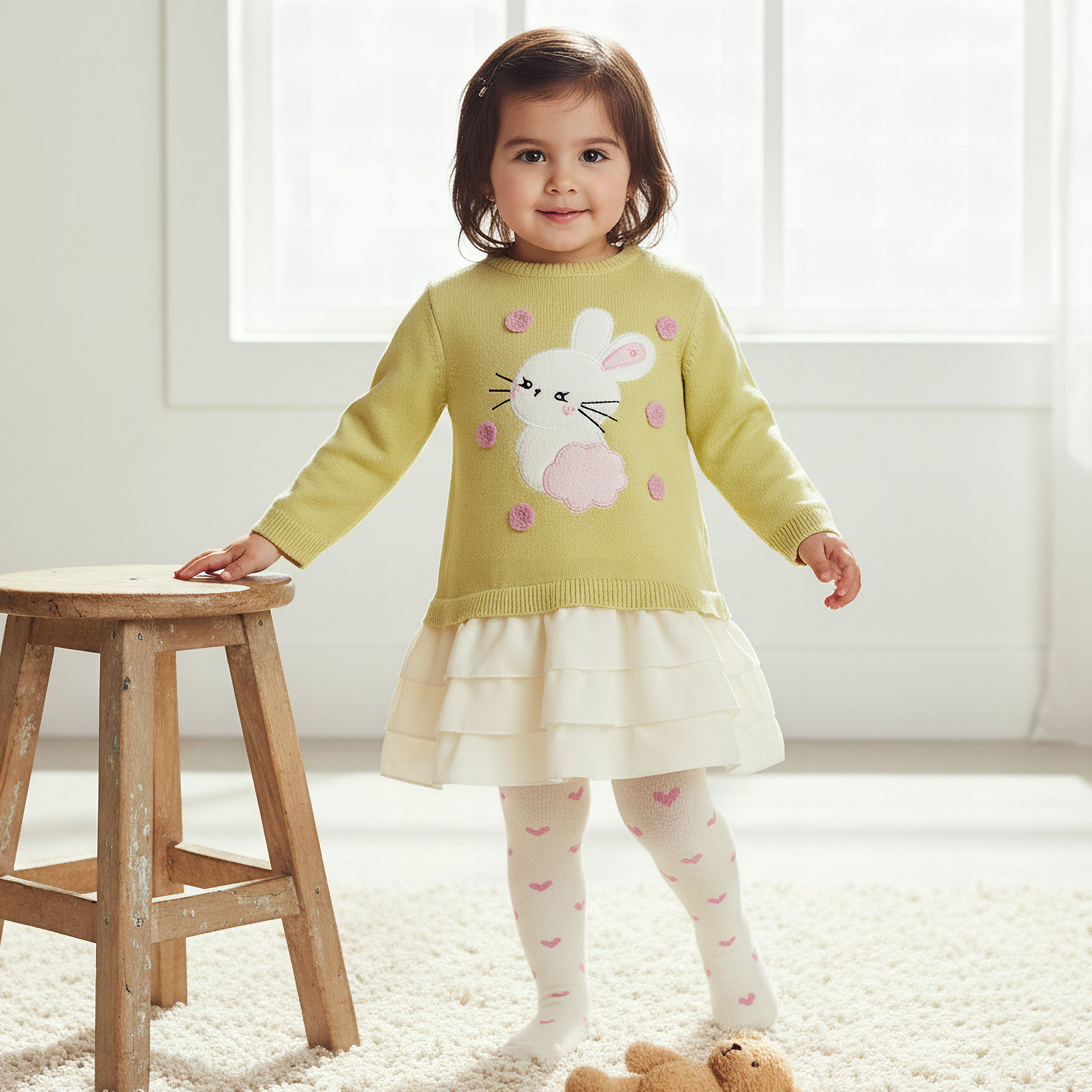 Juniors Bunny Embroidered Dress with Tights-baby-girls-clothing-dressesandjumpsuits-image-1