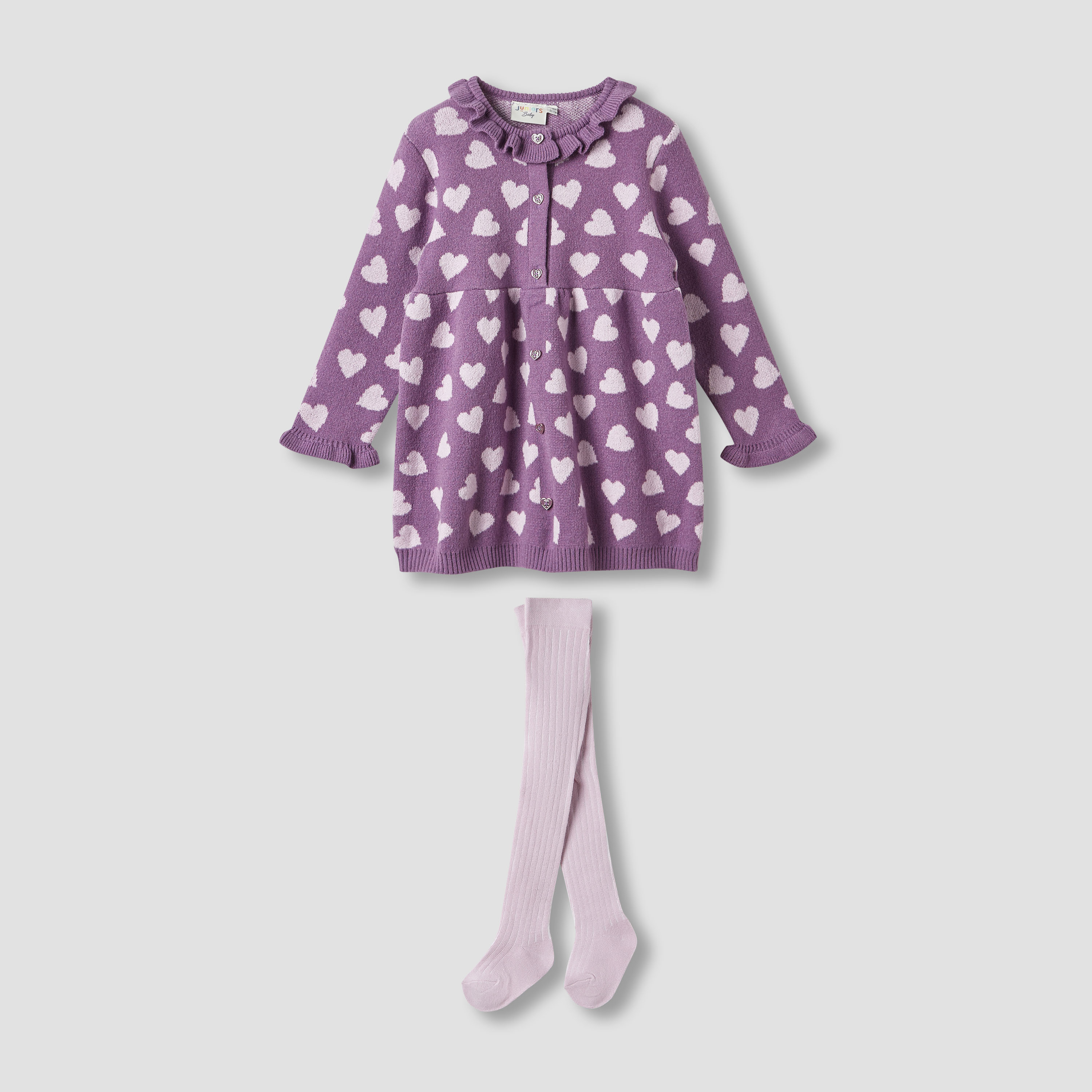 Juniors Heart Print Sweater Dress with Ribbed Tights-baby-girls-clothing-winterwear-dresses-image-2