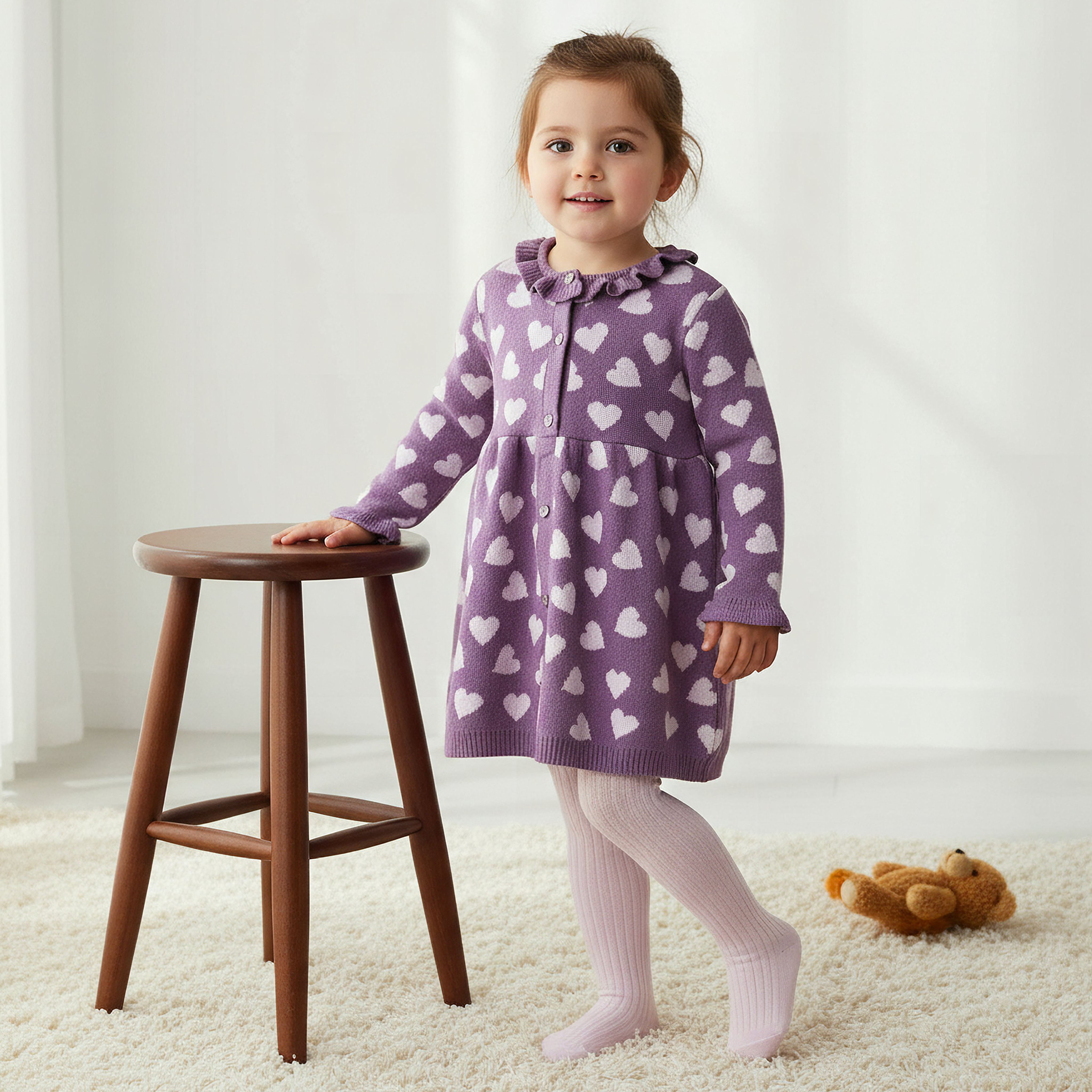 Juniors Heart Print Sweater Dress with Ribbed Tights-baby-girls-clothing-winterwear-dresses-image-1