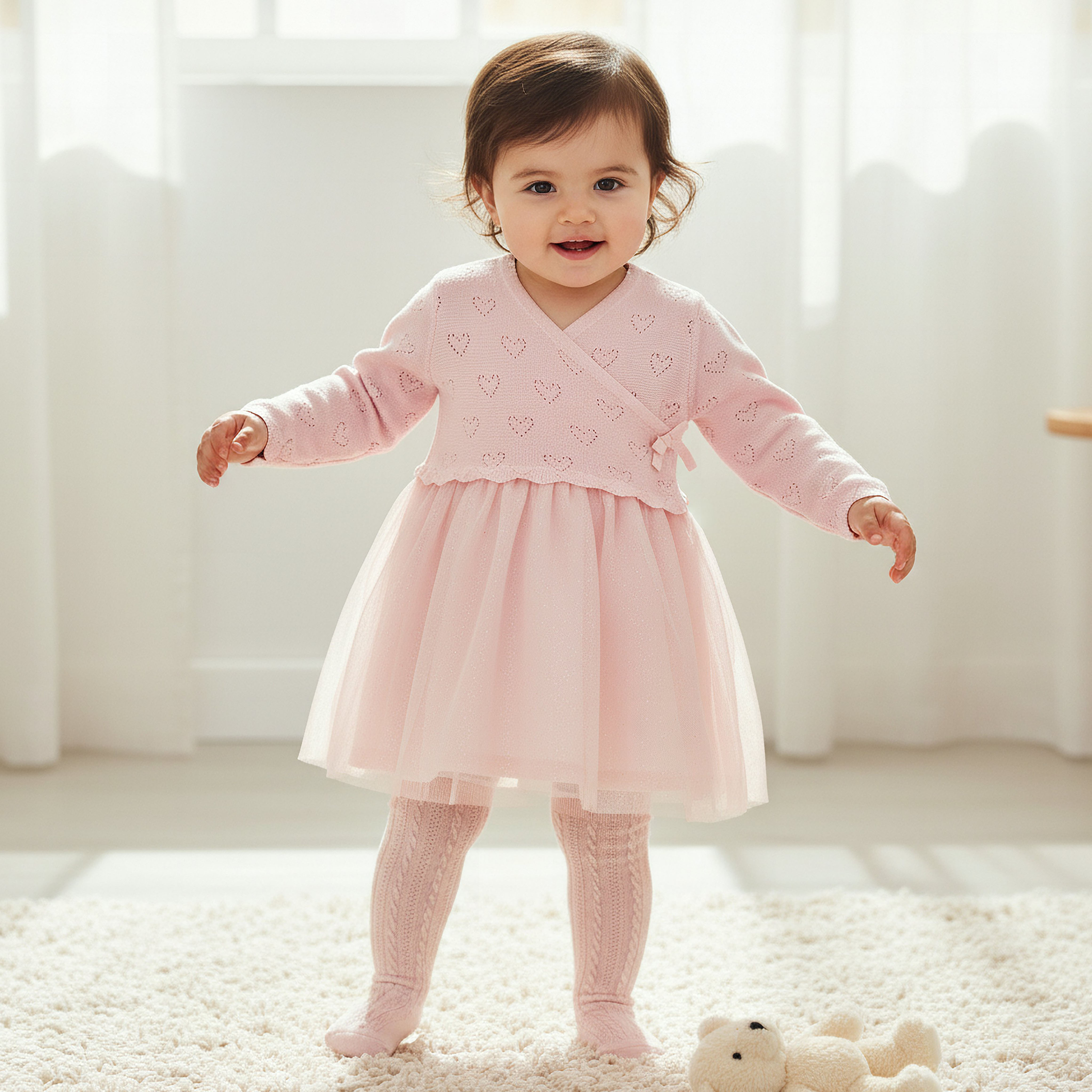 فستان بارز الملمس بياقة V وكولون من جونيورز-baby-girls-clothing-winterwear-dresses-image-1