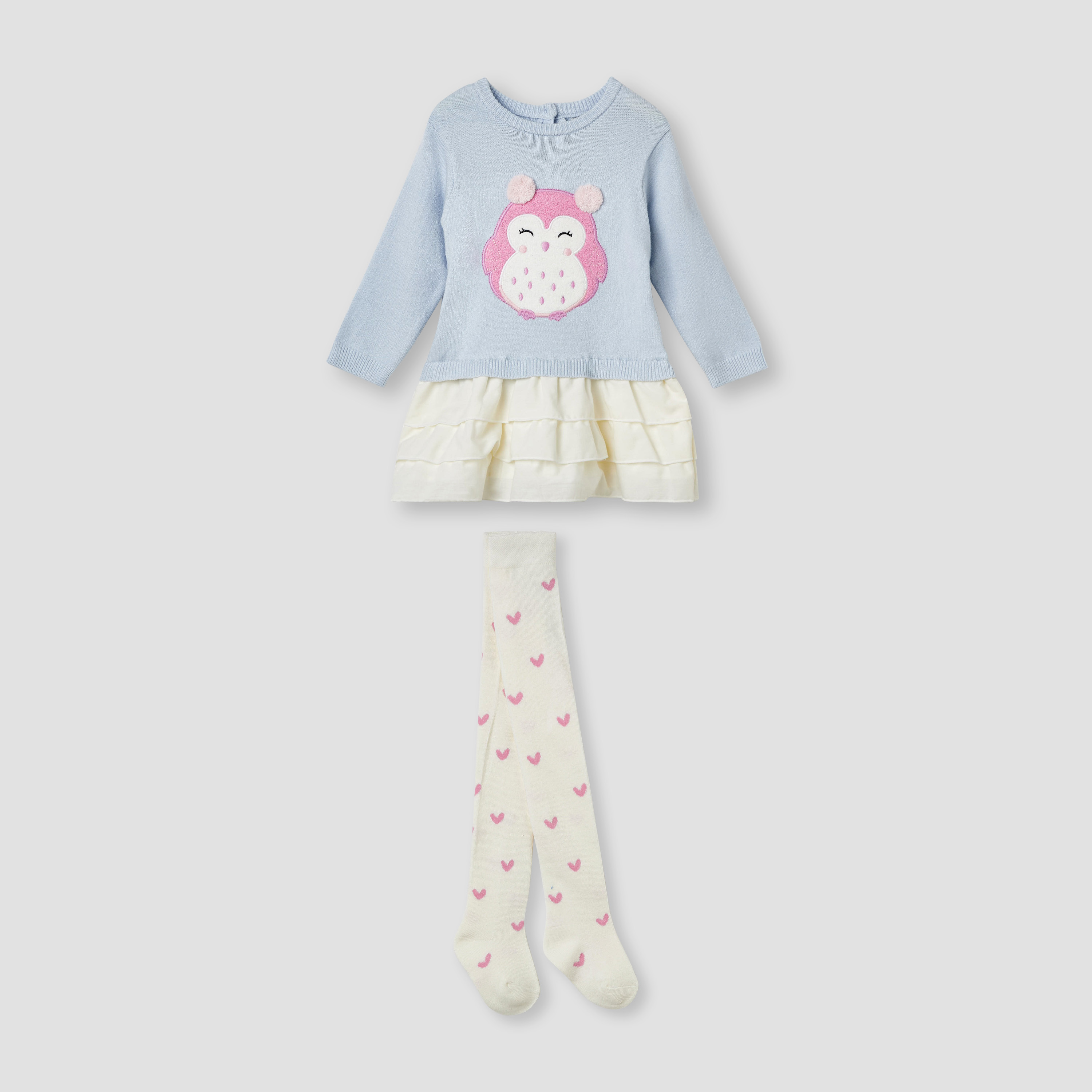 Juniors Owl Applique Dress with Long Sleeves and Stockings-baby-girls-clothing-winterwear-dresses-image-2