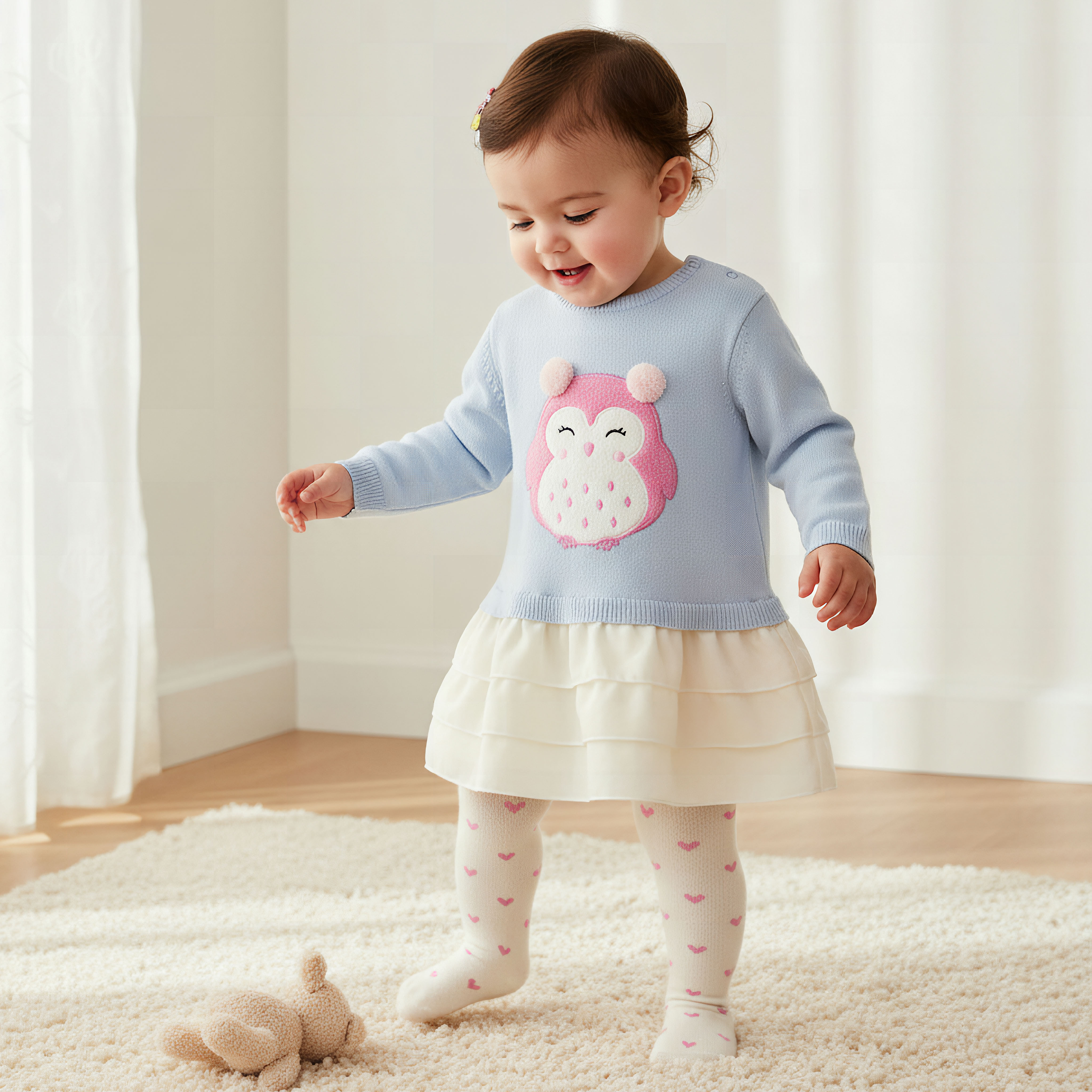 Juniors Owl Applique Dress with Long Sleeves and Stockings-baby-girls-clothing-winterwear-dresses-image-1