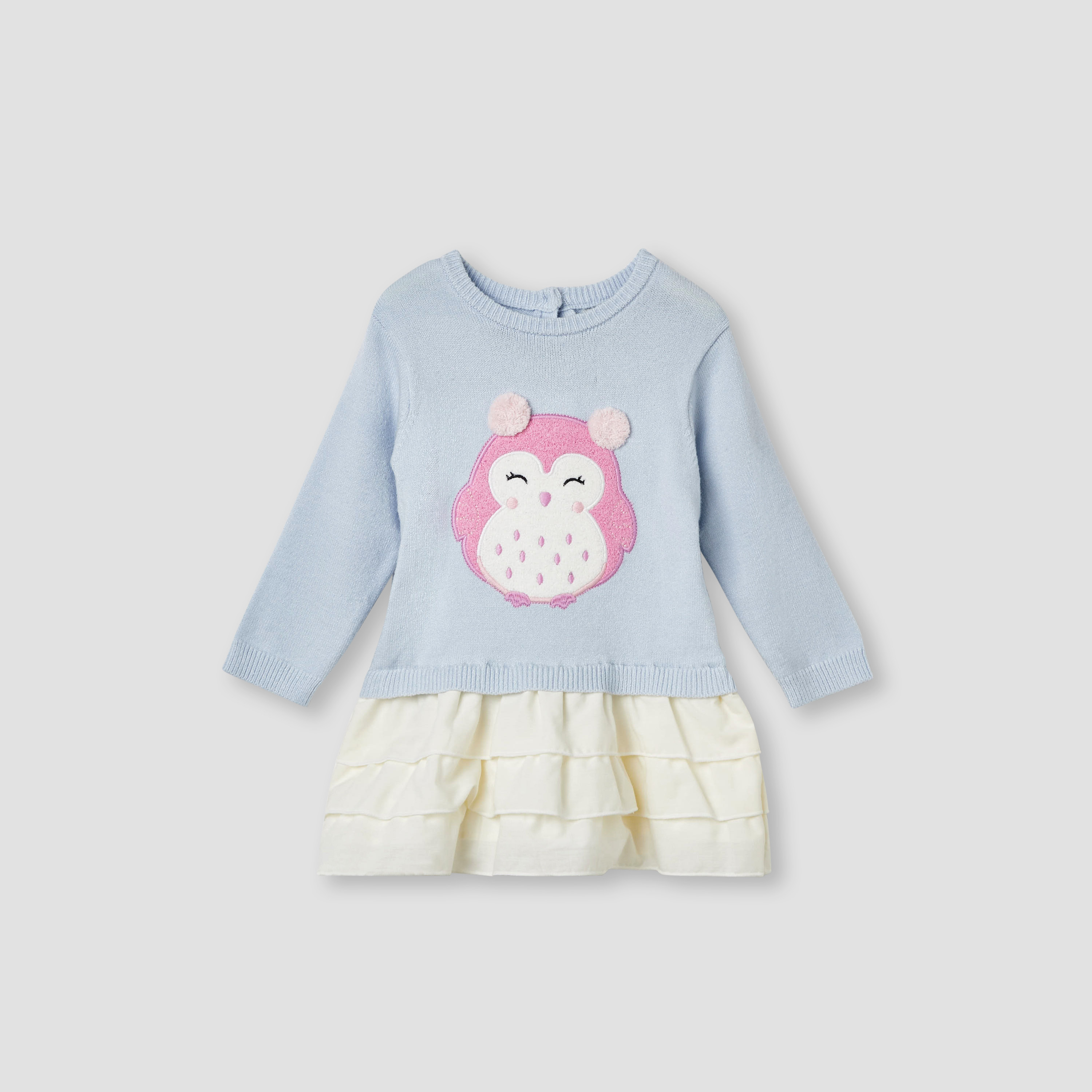 Juniors Owl Applique Dress with Long Sleeves and Stockings-baby-girls-clothing-winterwear-dresses-image-3
