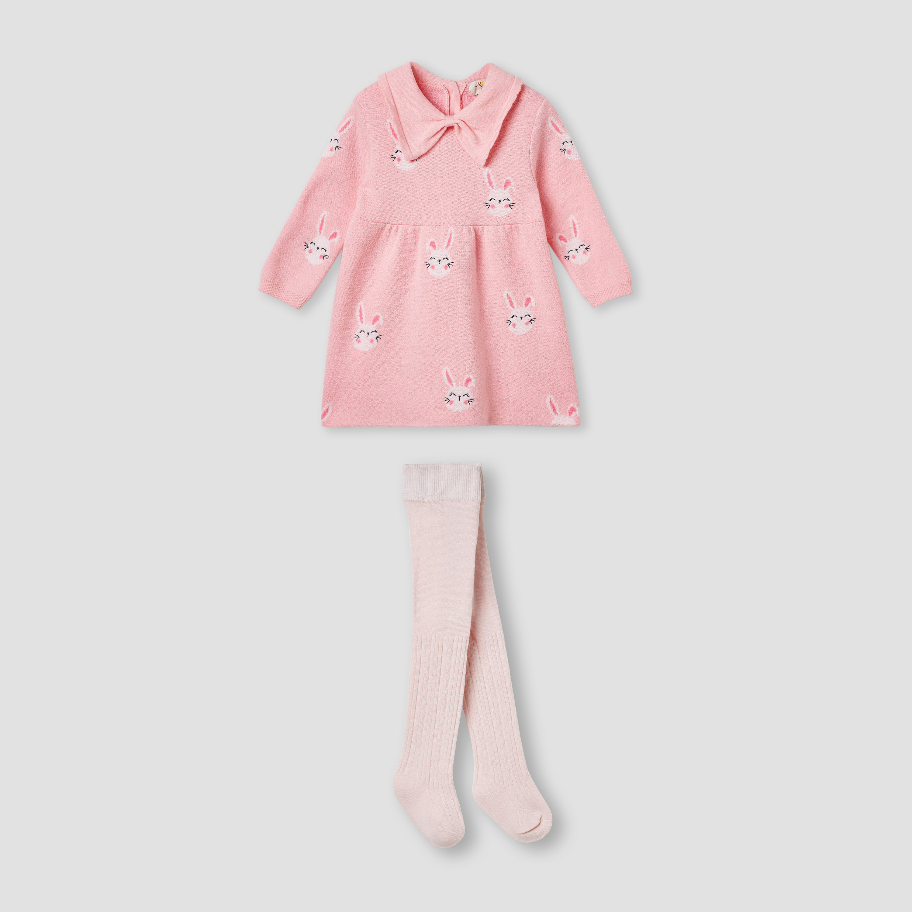 Juniors Bunny Print Collared Dress with Long Sleeves and Stockings-baby-girls-clothing-winterwear-dresses-image-2