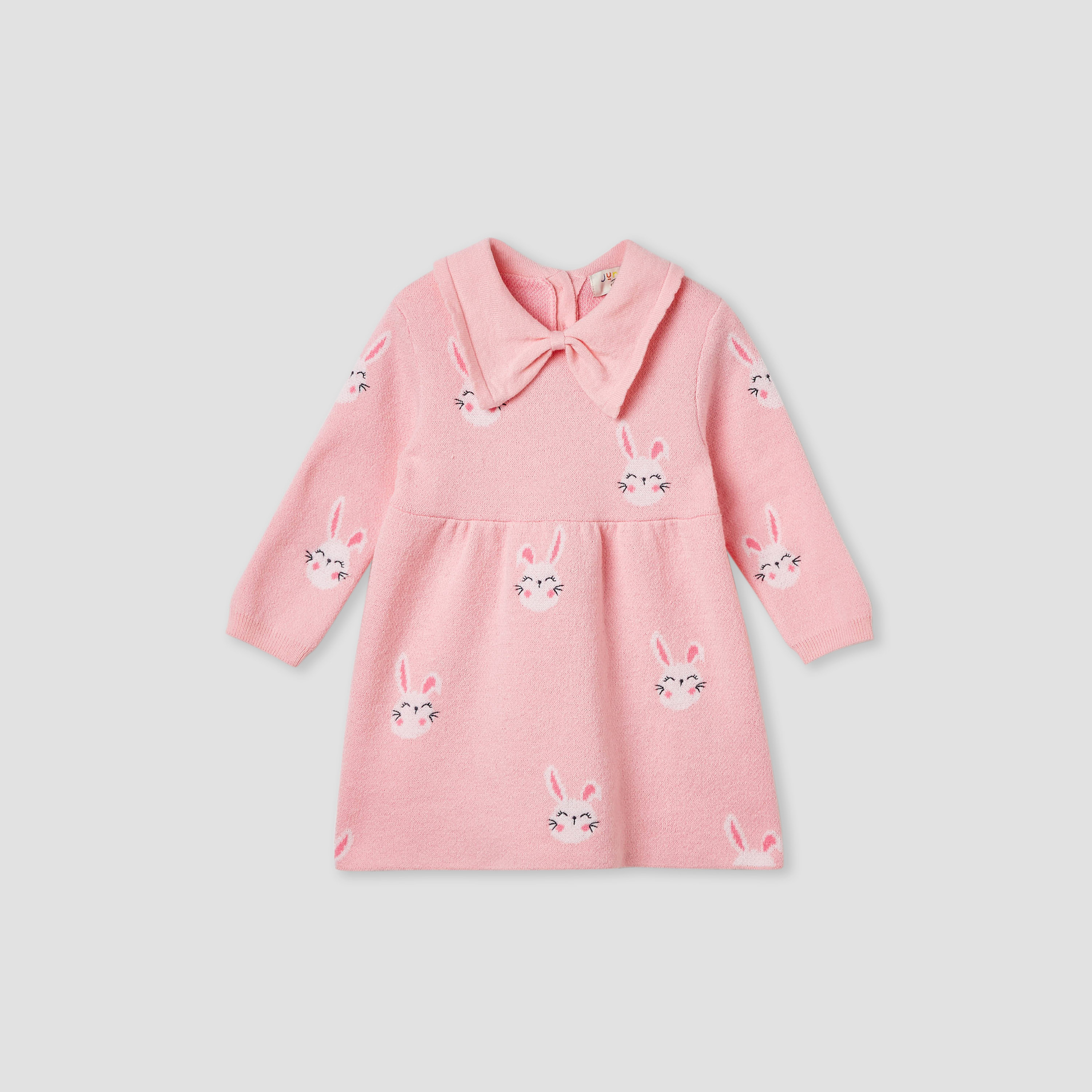 Juniors Bunny Print Collared Dress with Long Sleeves and Stockings-baby-girls-clothing-winterwear-dresses-image-3