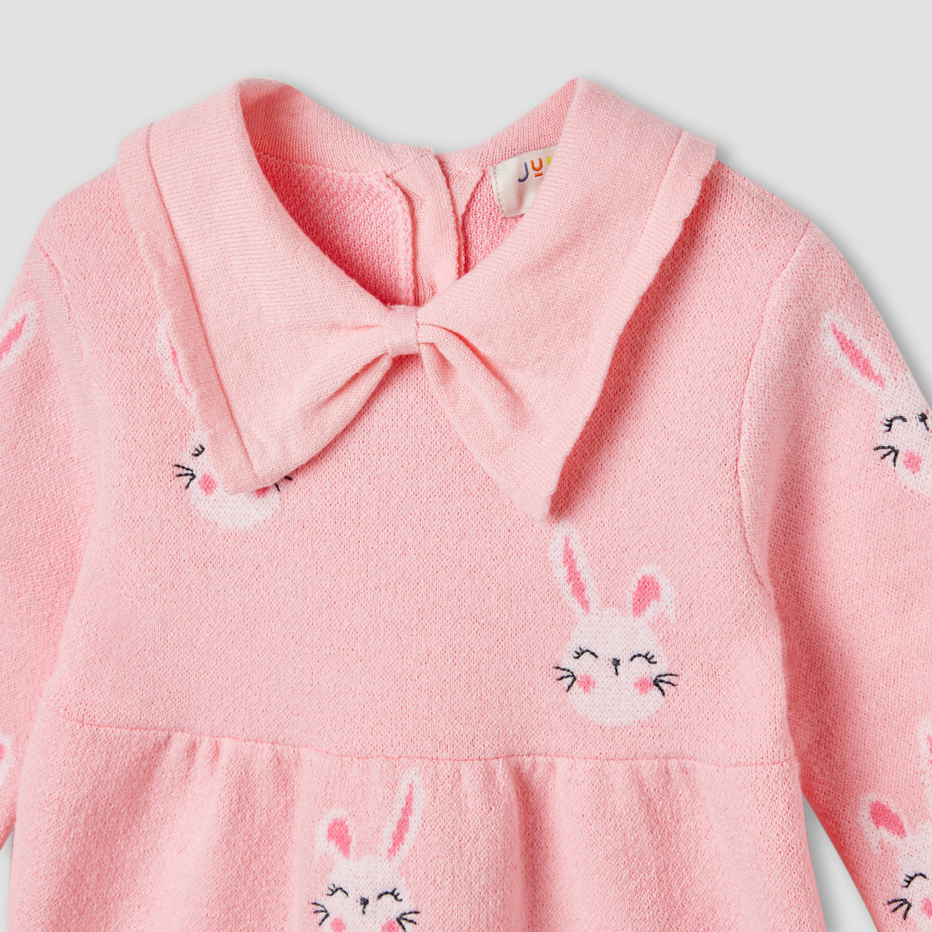 Juniors Bunny Print Collared Dress with Long Sleeves and Stockings-baby-girls-clothing-winterwear-dresses-image-5