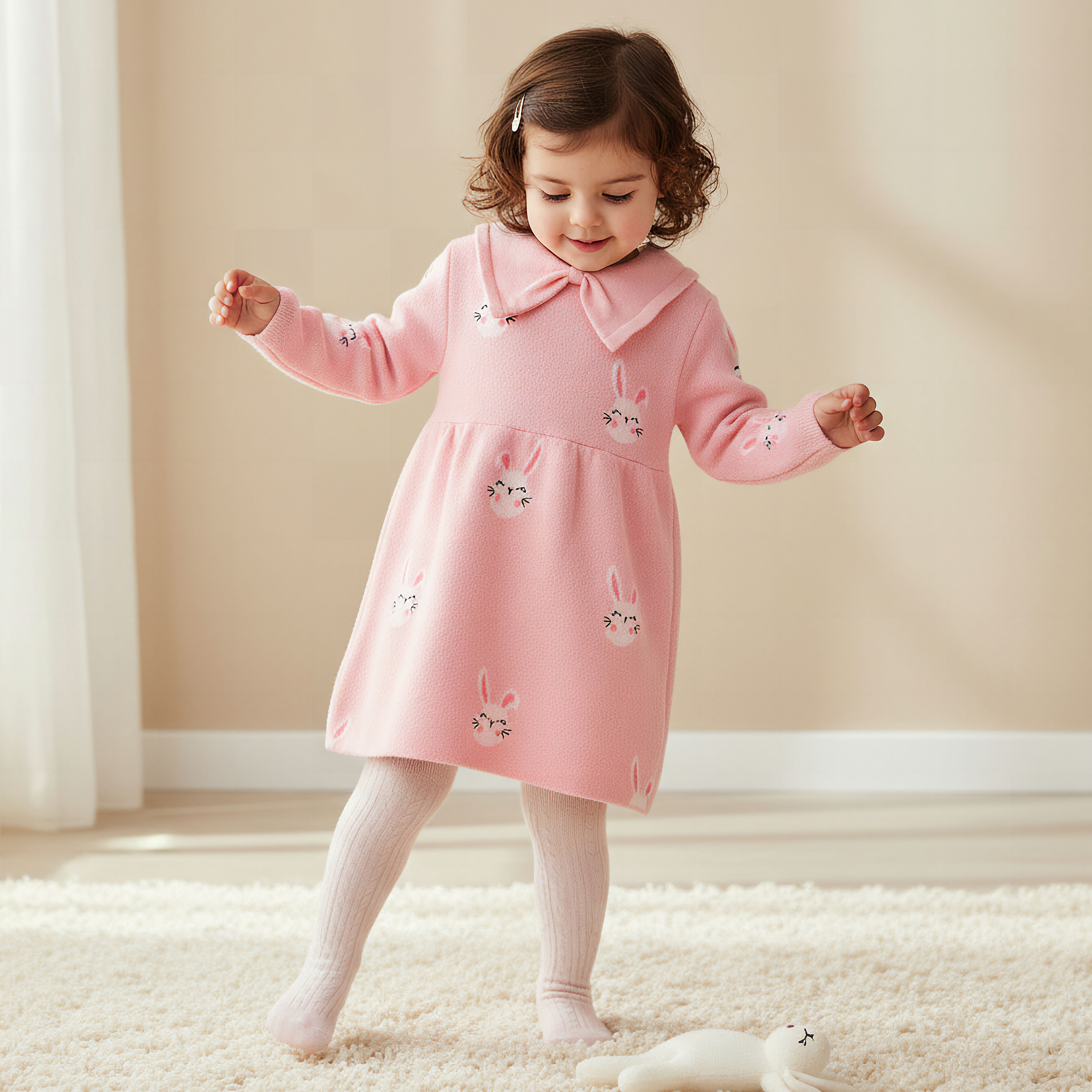 Juniors Bunny Print Collared Dress with Long Sleeves and Stockings-baby-girls-clothing-winterwear-dresses-image-1
