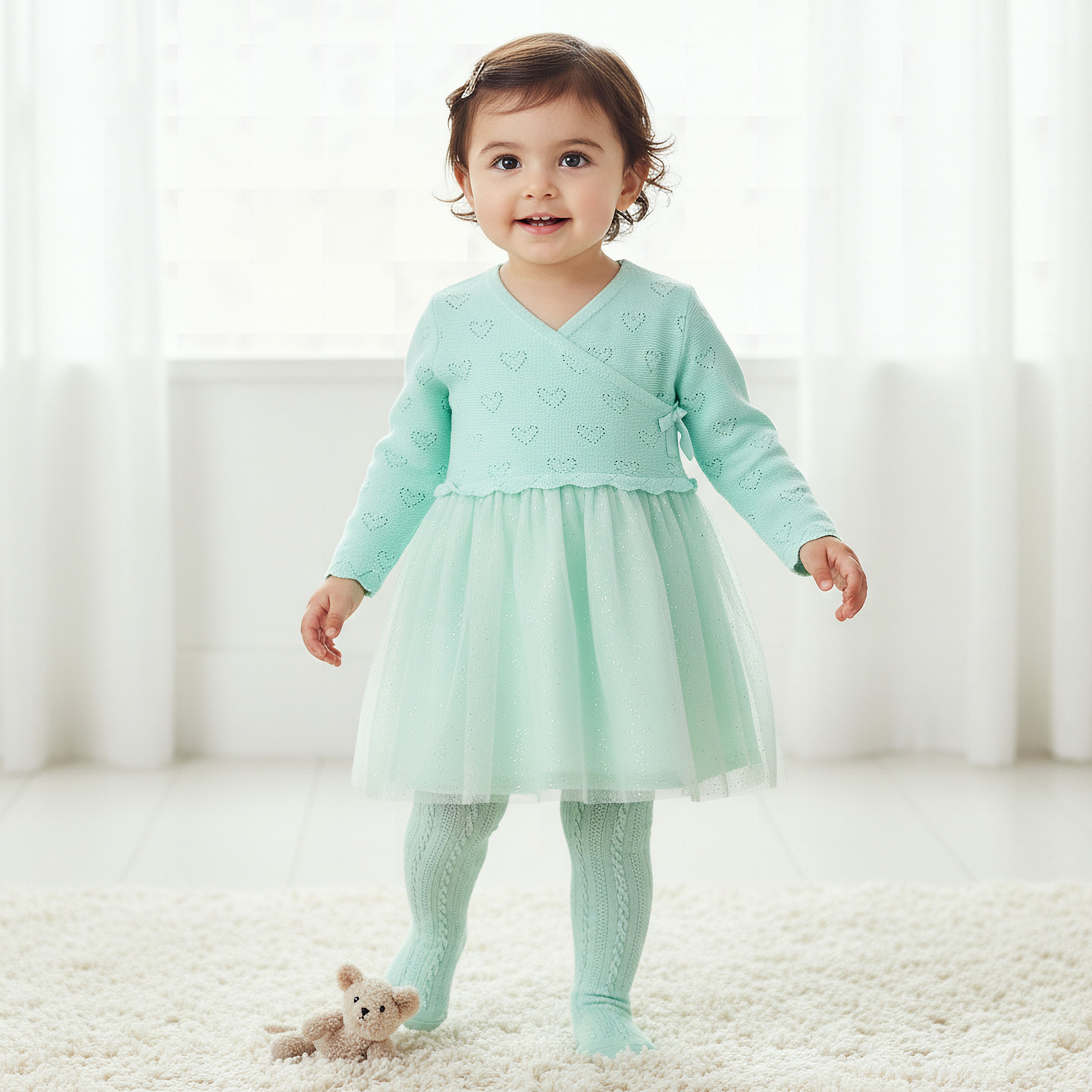 Juniors Textured V-neck Dress and Tights Set-baby-girls-clothing-dressesandjumpsuits-image-1