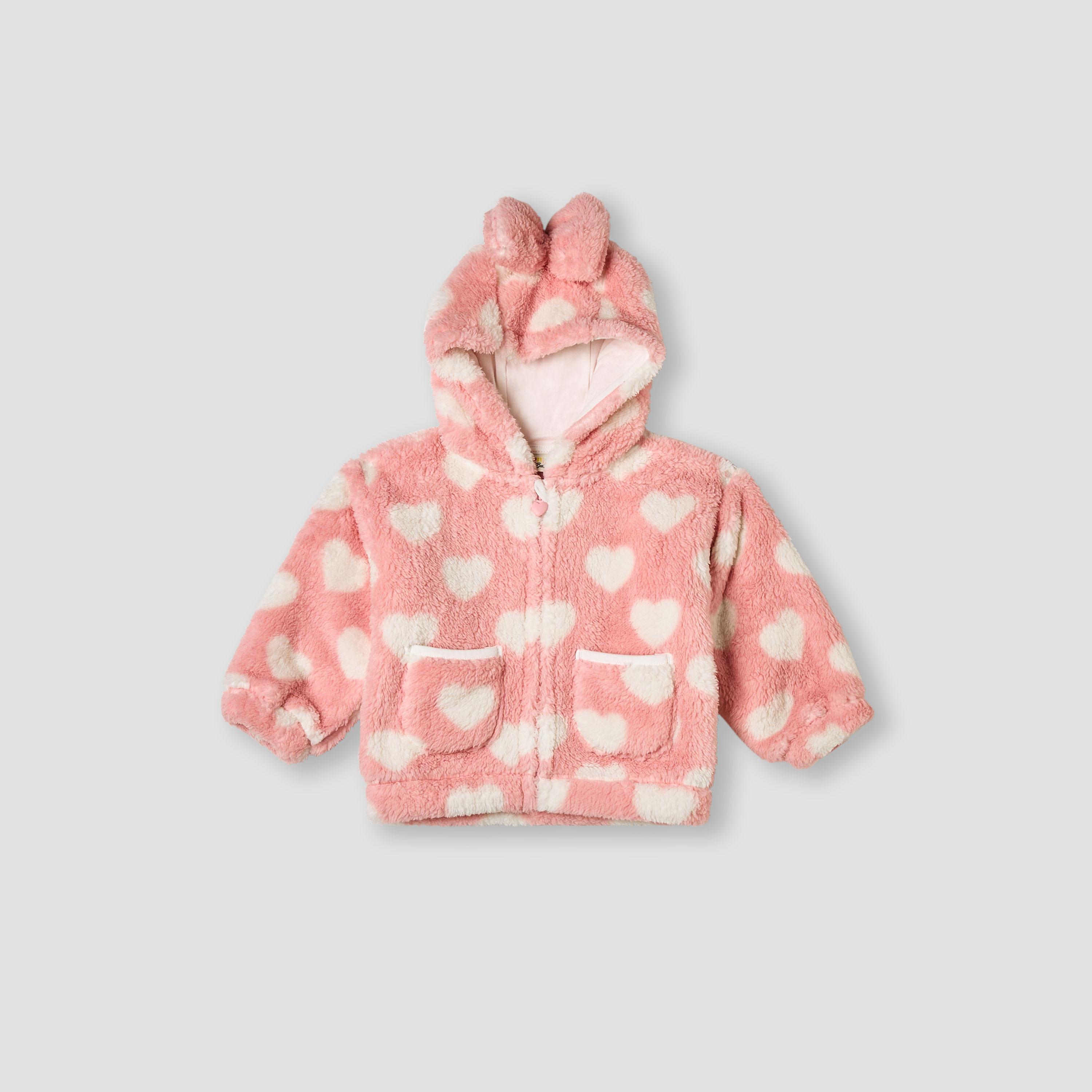 Juniors Heart Print Hooded Jacket with Zip Closure and Pockets-baby-girls-clothing-winterwear-jacketsandcoats-image-1