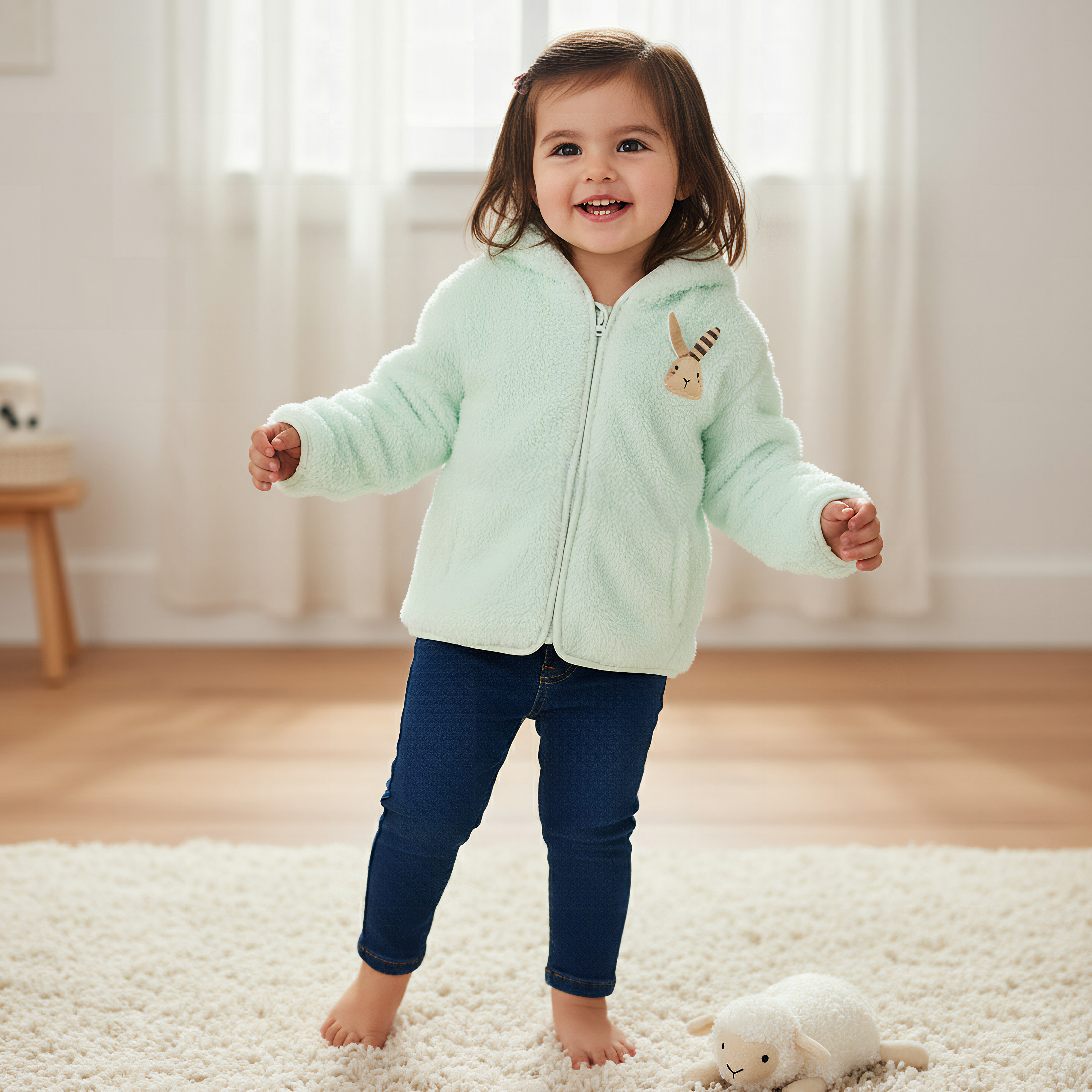 Juniors Faux Fur Textured Hooded Jacket with Long Sleeves-baby-girls-clothing-winterwear-jacketsandcoats-image-1