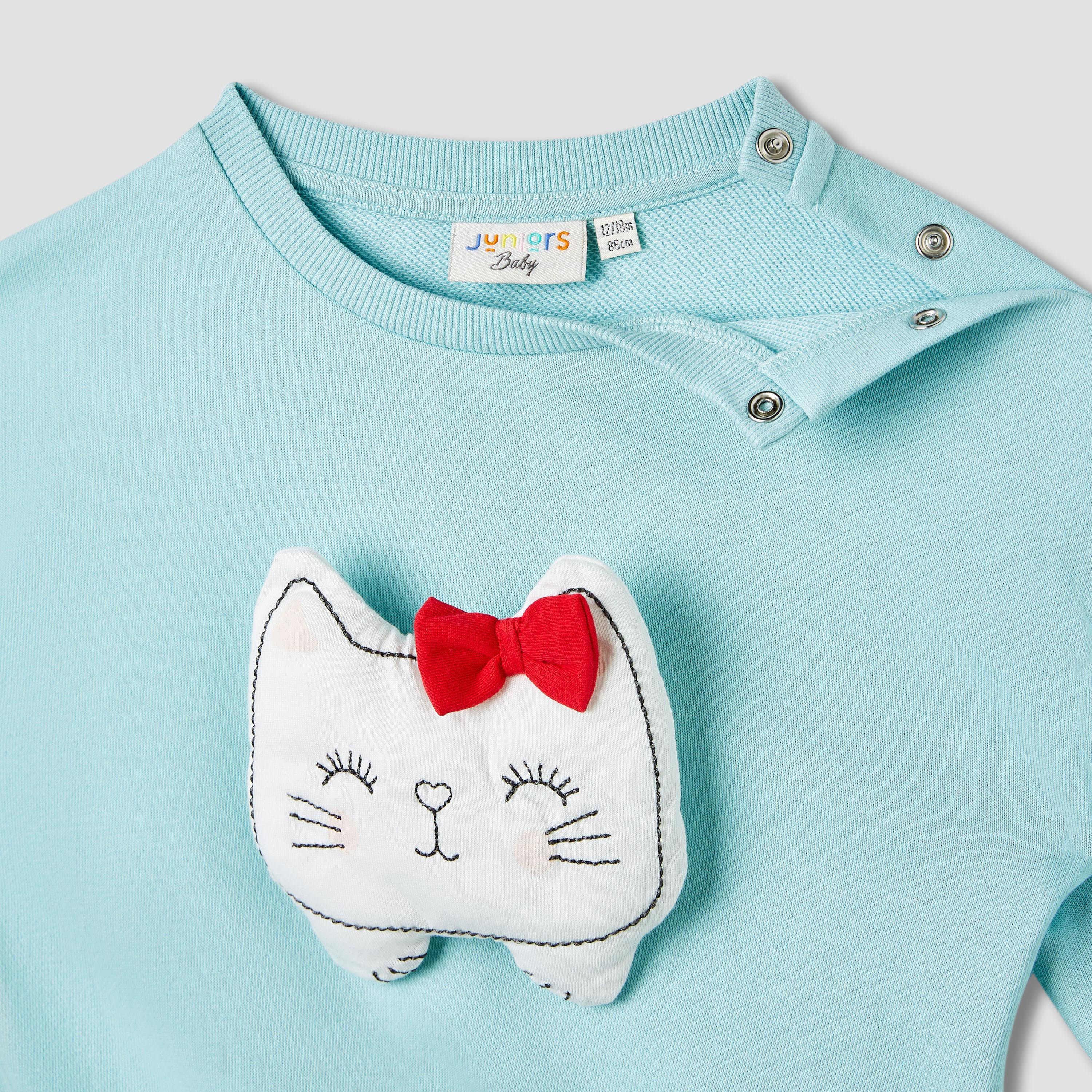 Juniors Cat Applique Sweatshirt with Long Sleeves-baby-girls-clothing-winterwear-sweatshirts-image-4