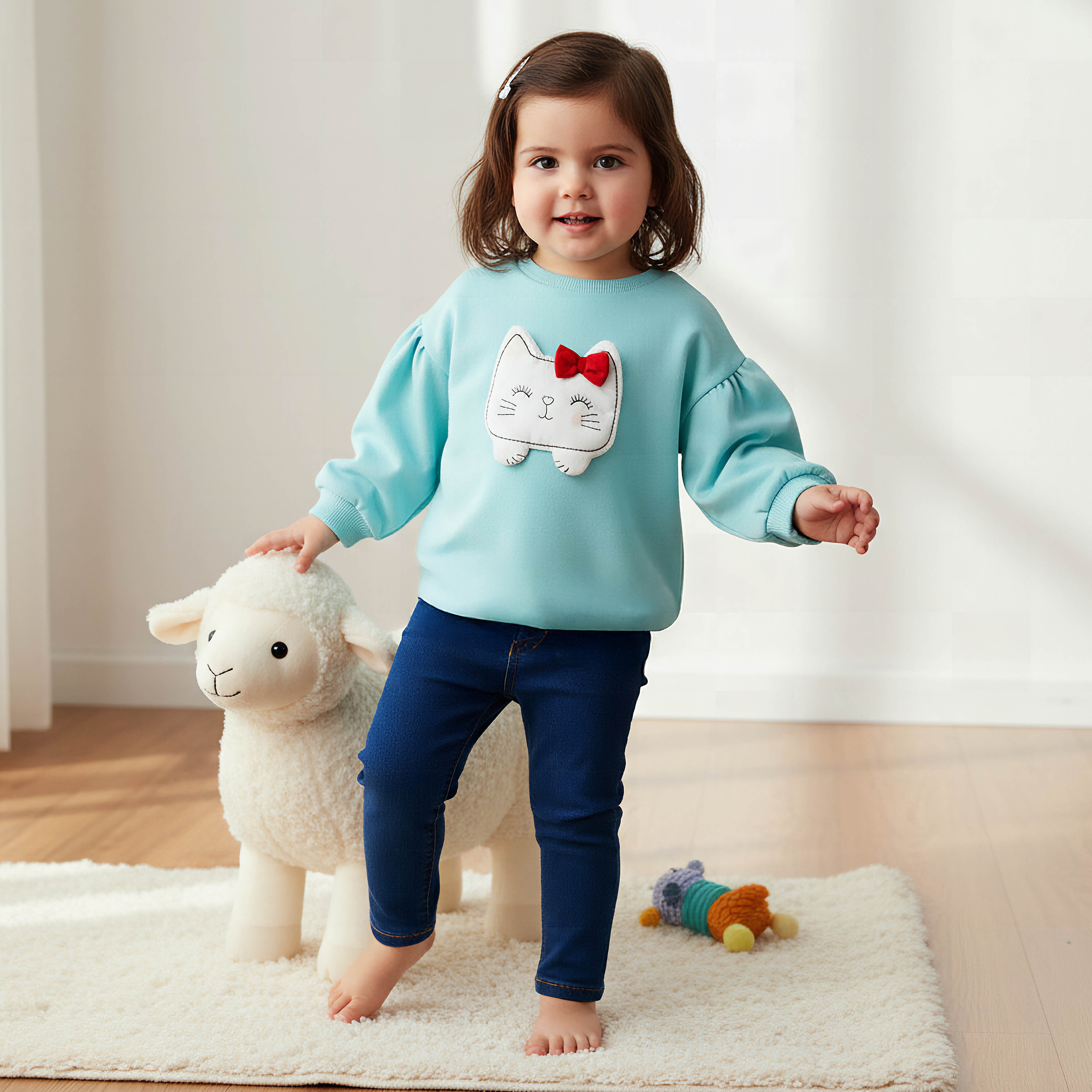 Juniors Cat Applique Sweatshirt with Long Sleeves-baby-girls-clothing-winterwear-sweatshirts-image-1