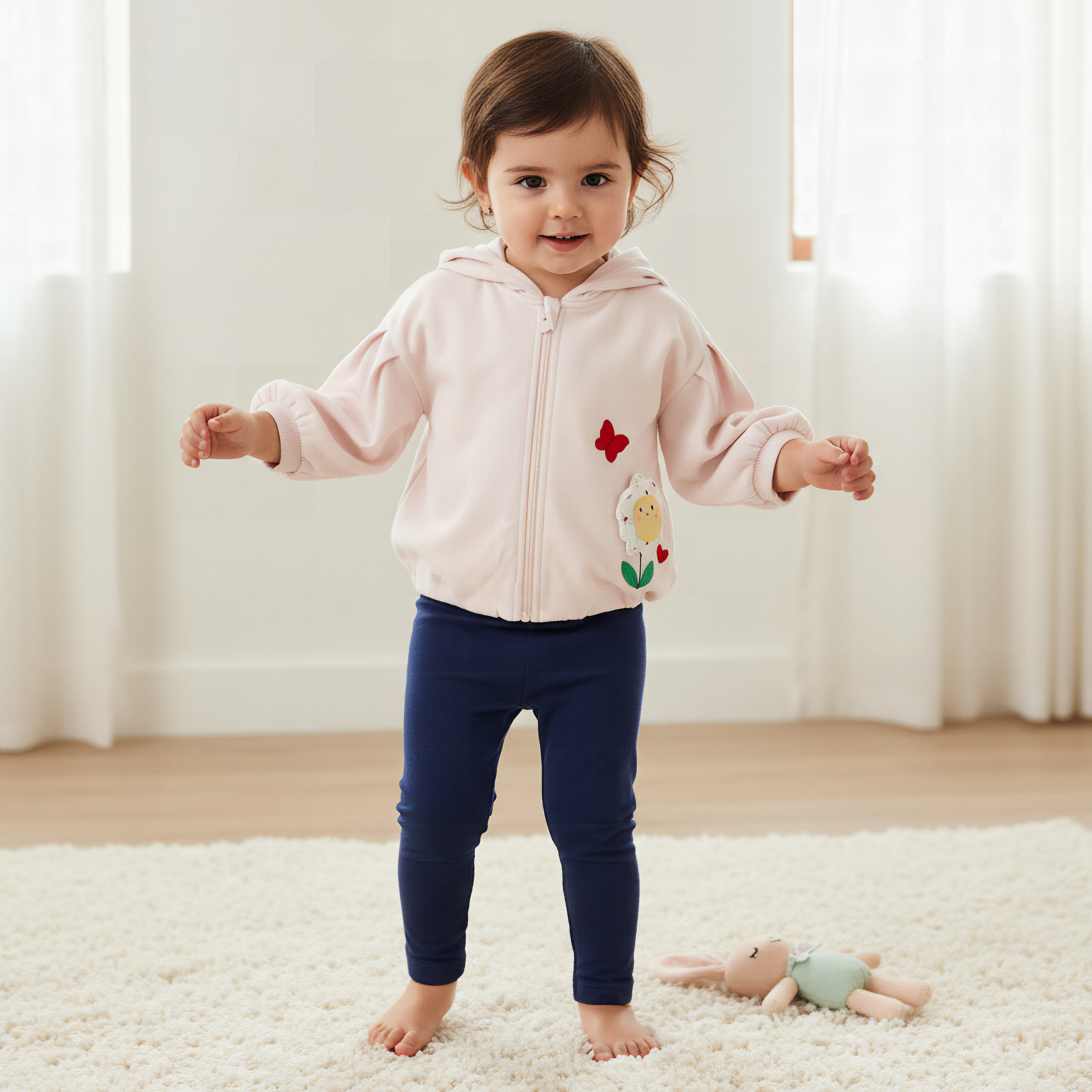 Juniors Flower Applique Hooded Sweatshirt with Long Sleeves-baby-girls-clothing-winterwear-sweatshirts-image-1