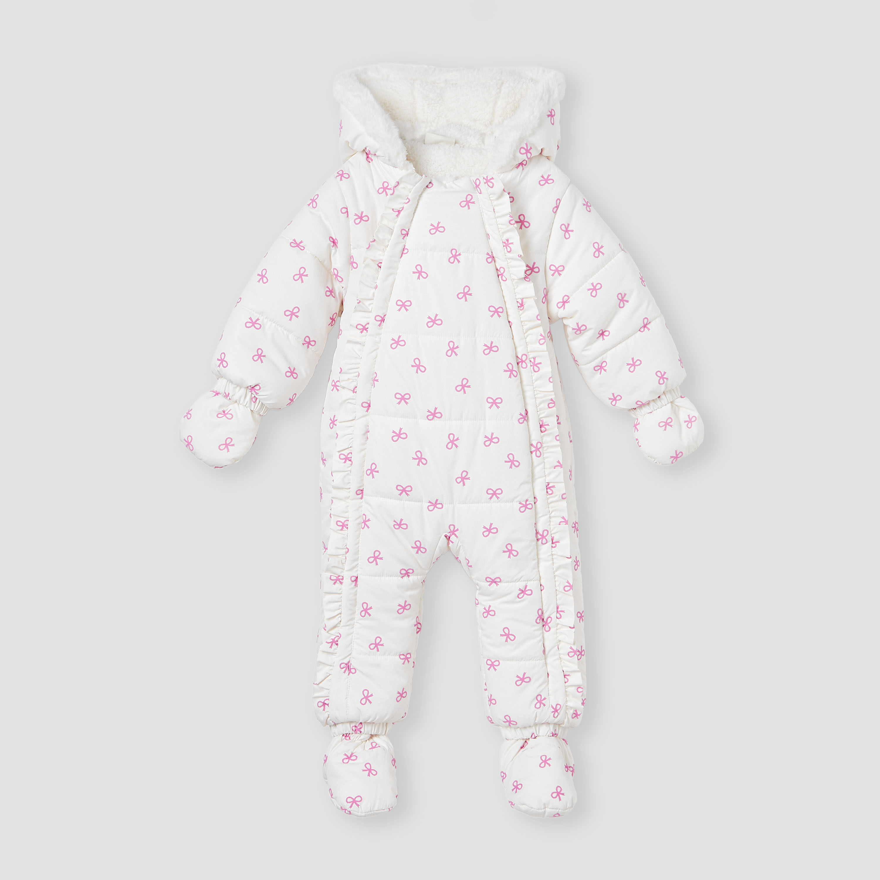 Juniors Bow Print Coverall with Hood and Ruffles-baby-girls-clothing-winterwear-bodysuits-image-1