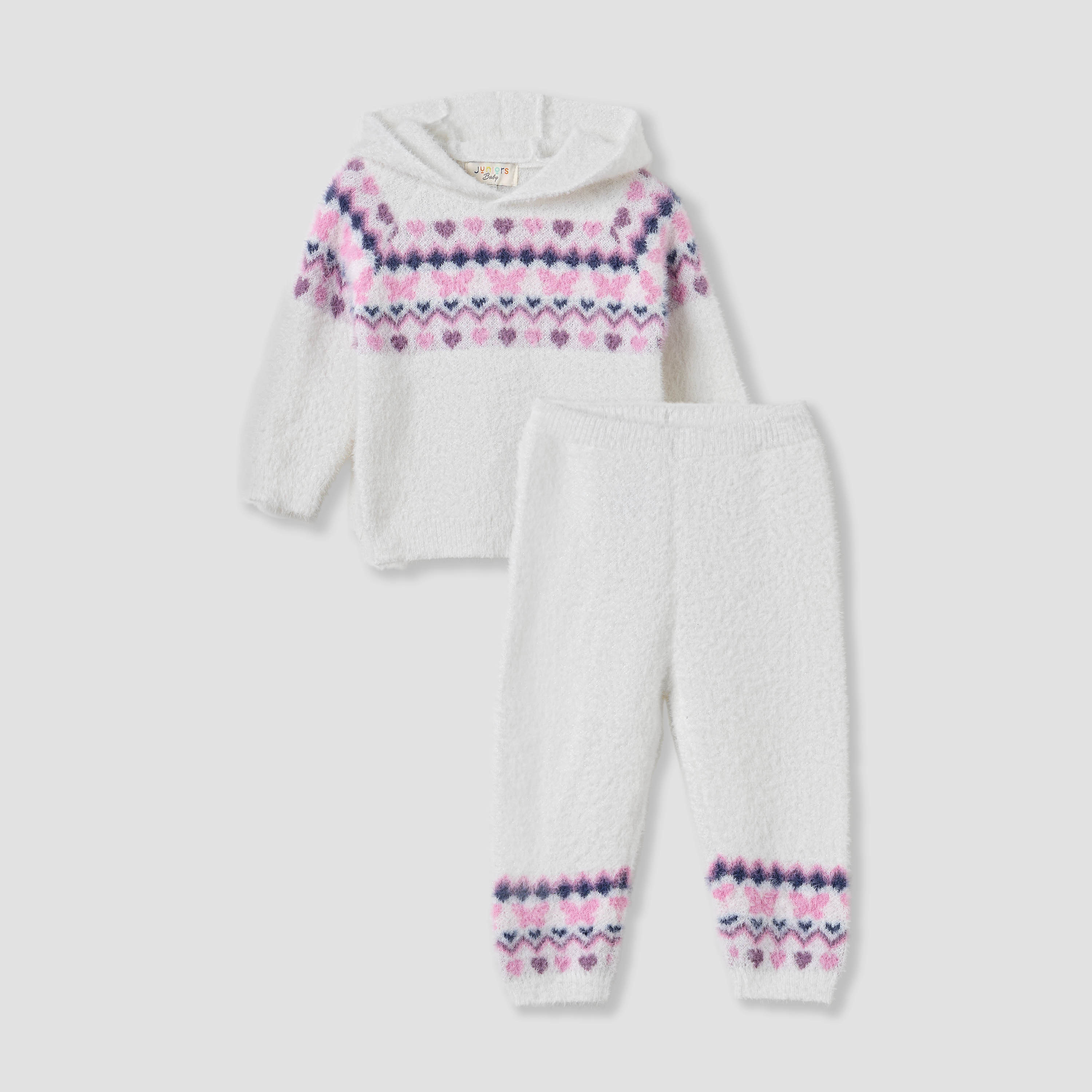 Juniors Heart Print Hooded Sweater and Pants Set-baby-girls-clothing-setsandcoords-image-1