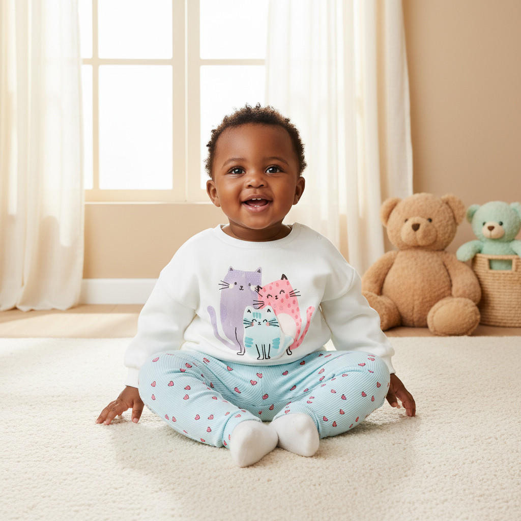 طقم سويت شيرت بزينة قطة وبنطلون ليقنز من جونيورز-baby-girls-clothing-setsandcoords-image-1