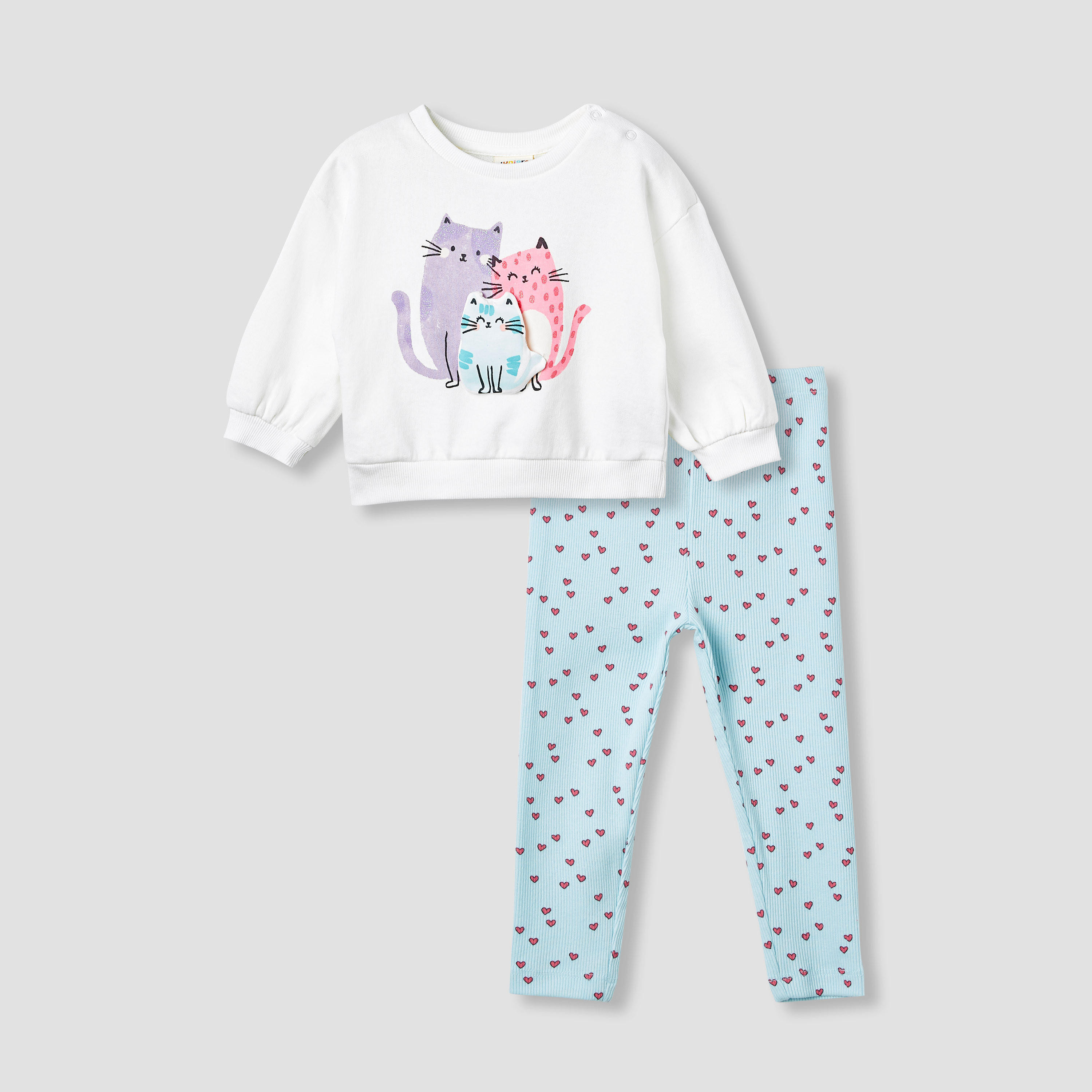 طقم سويت شيرت بزينة قطة وبنطلون ليقنز من جونيورز-baby-girls-clothing-setsandcoords-image-2