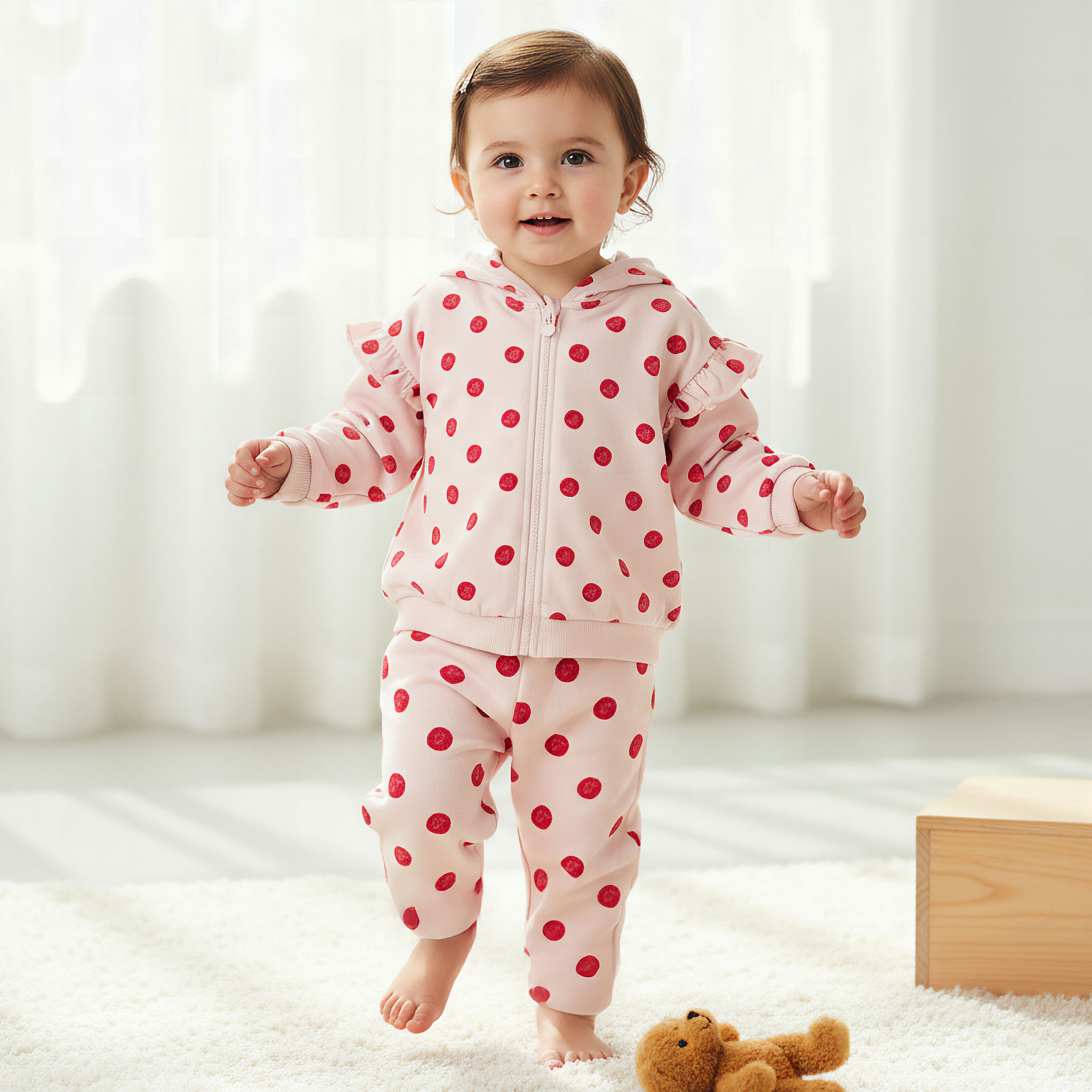 Juniors Polka Dot Print Zip Through Hoodie and Joggers Set-baby-girls-clothing-setsandcoords-image-1