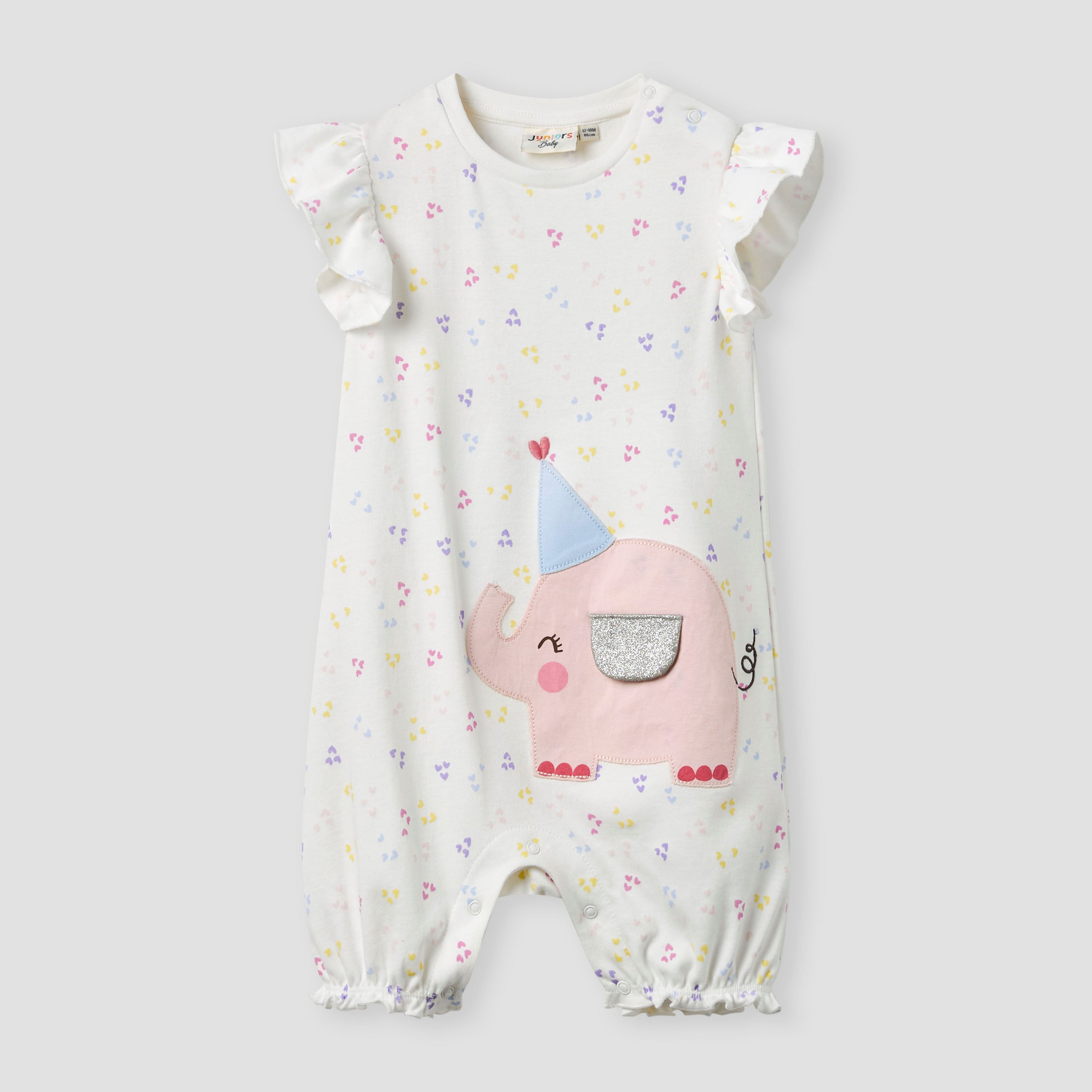 Juniors Elephant Applique Romper with Button Closure and Ruffle Sleeves-baby-girls-clothing-rompers-image-1