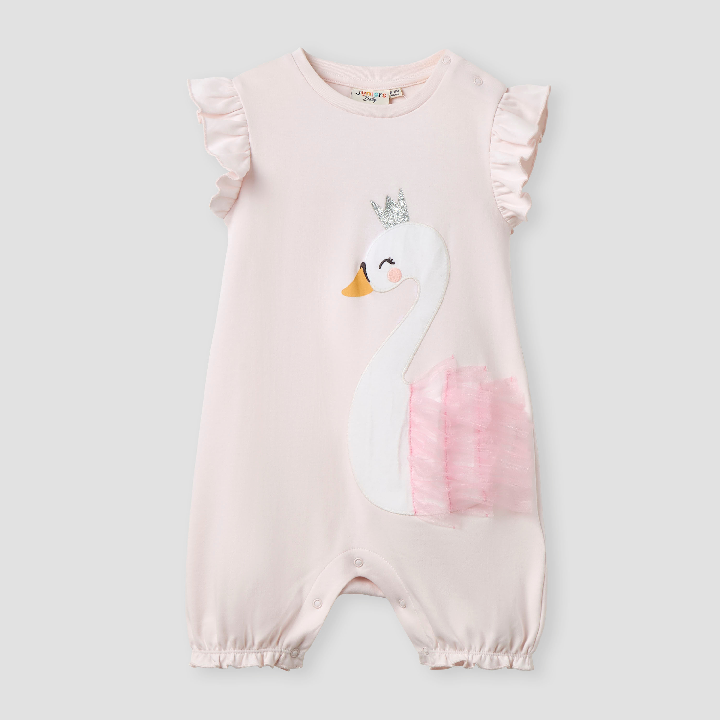 أفرول بتزيينات بجعة وأزرار إغلاق وأكمام كشكش من جونيورز-baby-girls-clothing-rompers-image-1