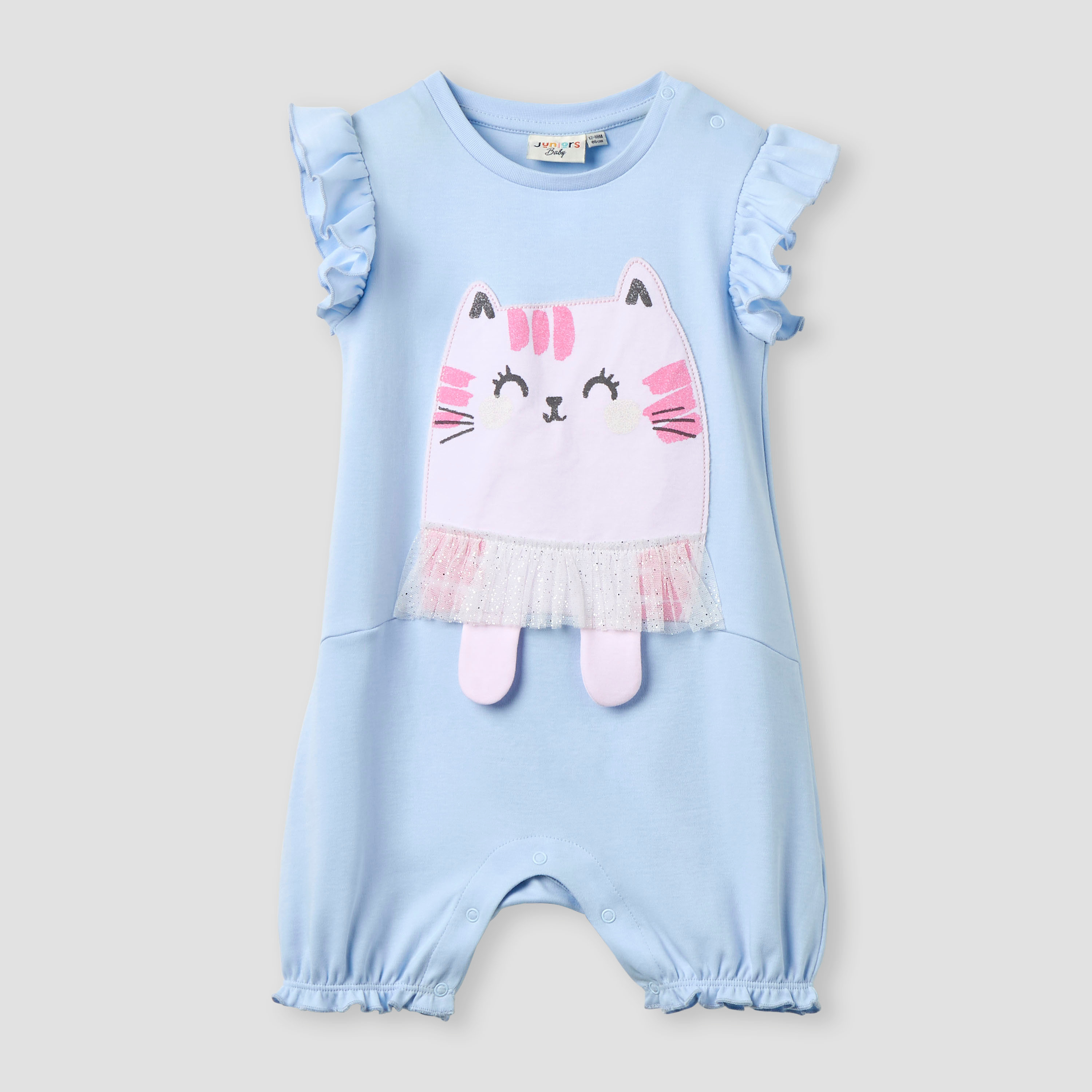 أفرول بتزيينات قطة وأزرار إغلاق وأكمام كشكش من جونيورز-baby-girls-clothing-rompers-image-1