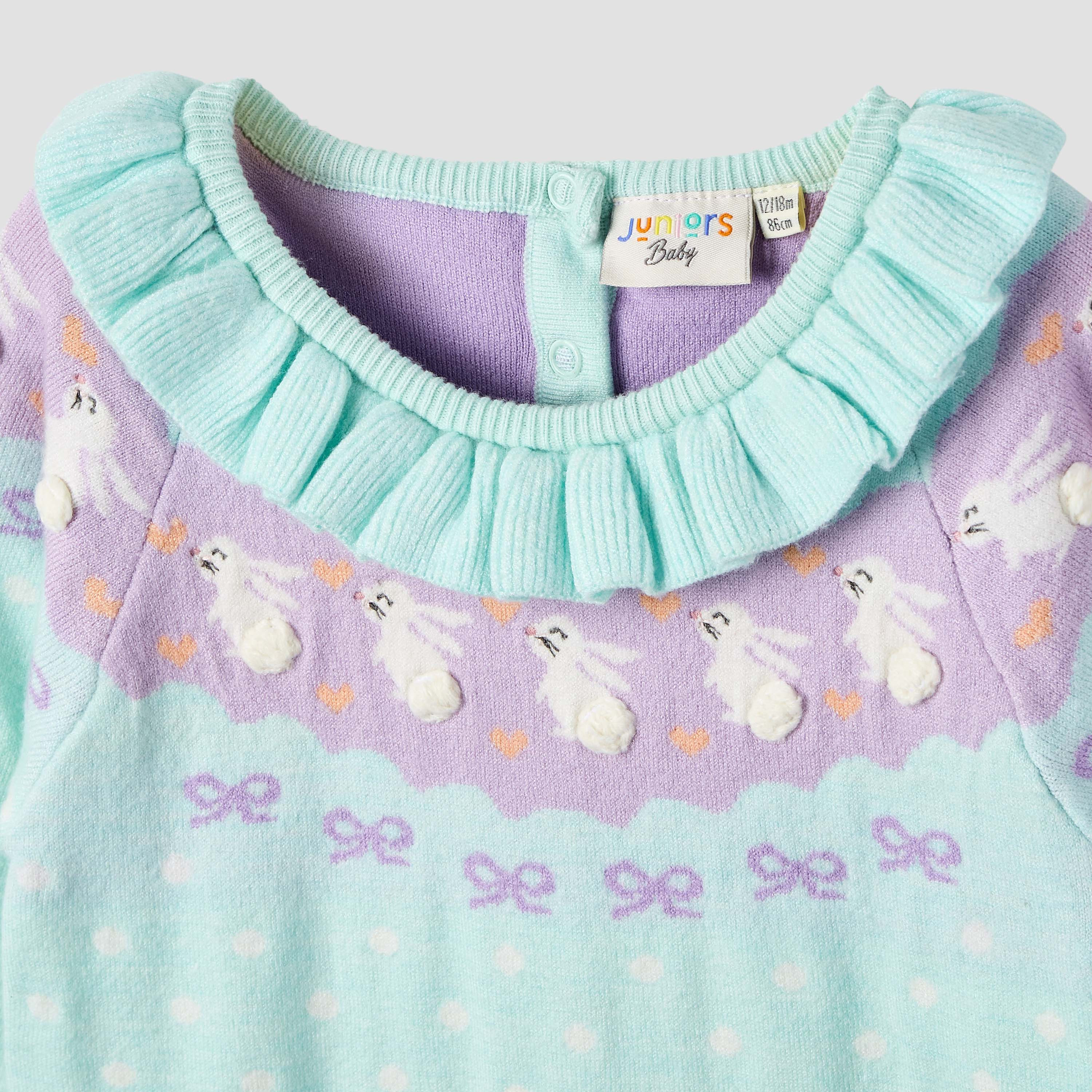 Juniors Bunny Print Romper with Long Sleeves and Ruffle-baby-girls-clothing-winterwear-rompers-image-3