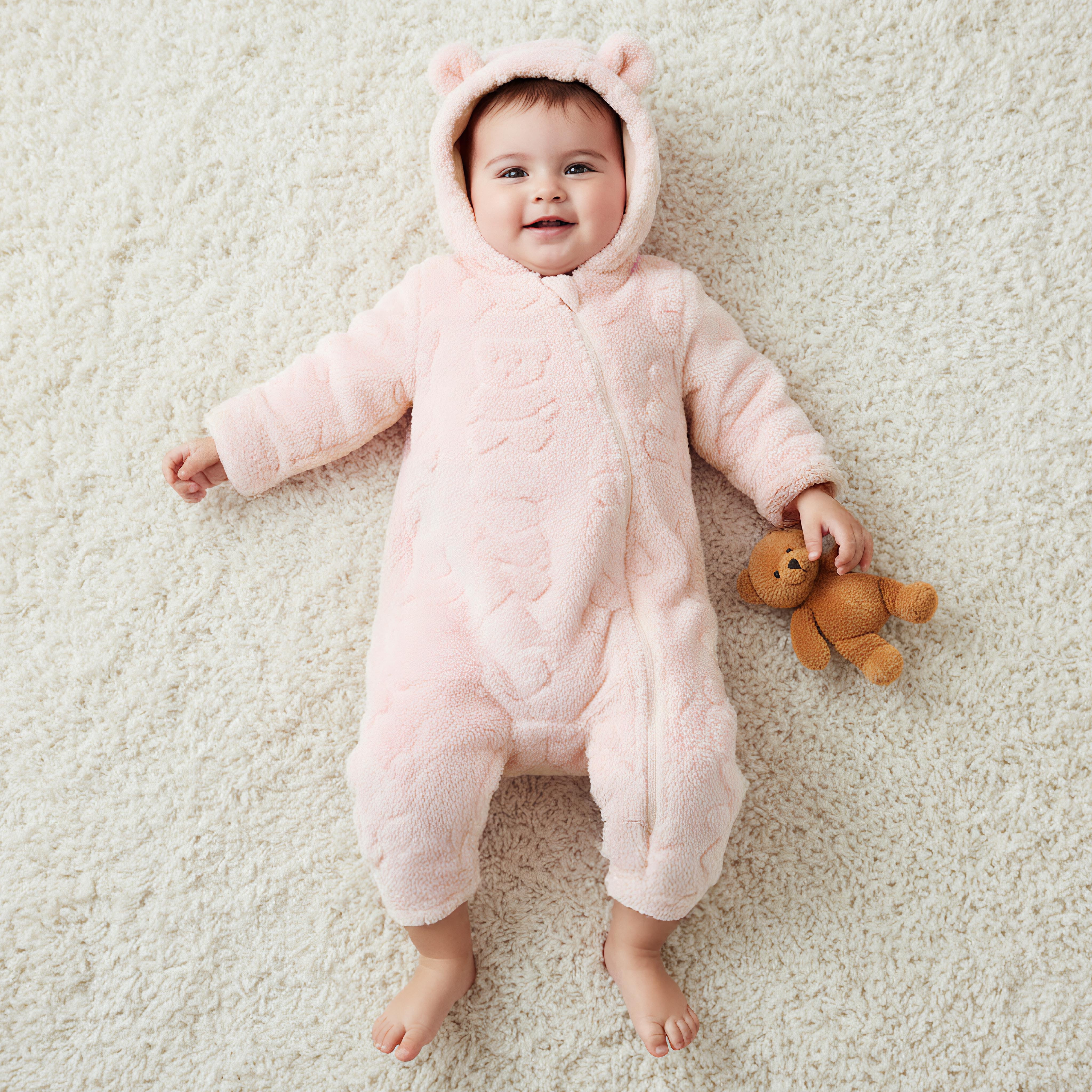 Juniors Bear Textured Hooded Rompers with Zip Closure-baby-girls-clothing-rompers-image-1