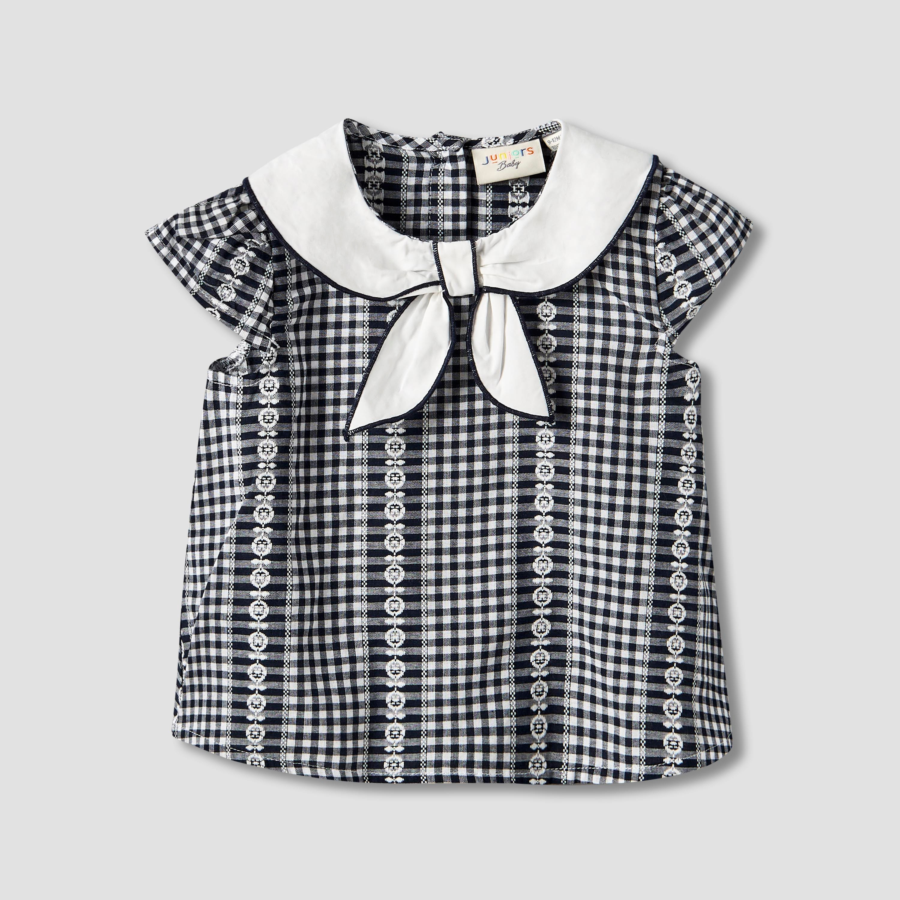 Juniors Peter Pan Collar Cap Sleeves Top with Checked Design-baby-girls-clothing-blousesandshirts-image-1