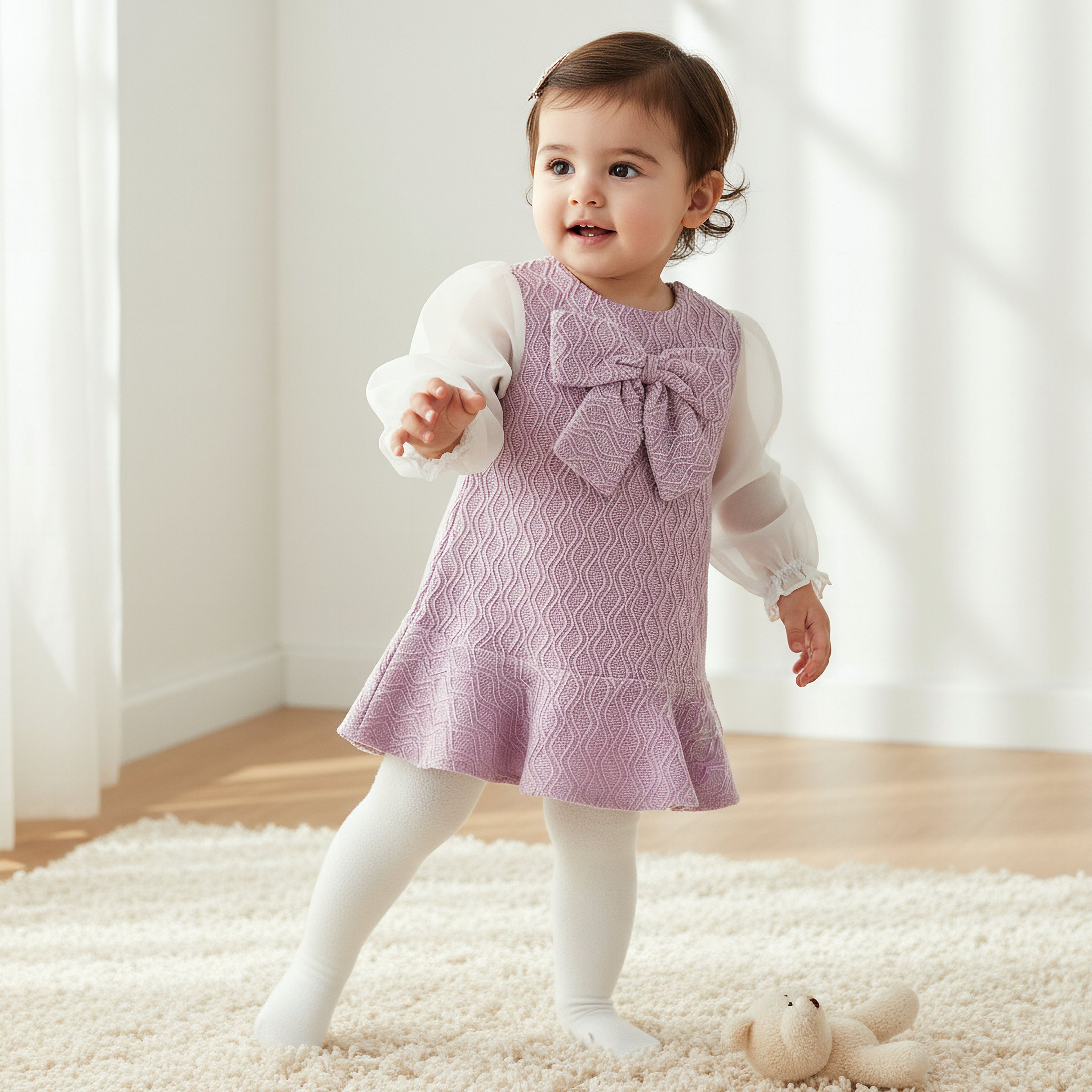 فستان بارز الملمس بزينة فيونكة وجوارب من جونيورز-baby-girls-clothing-winterwear-dresses-image-1