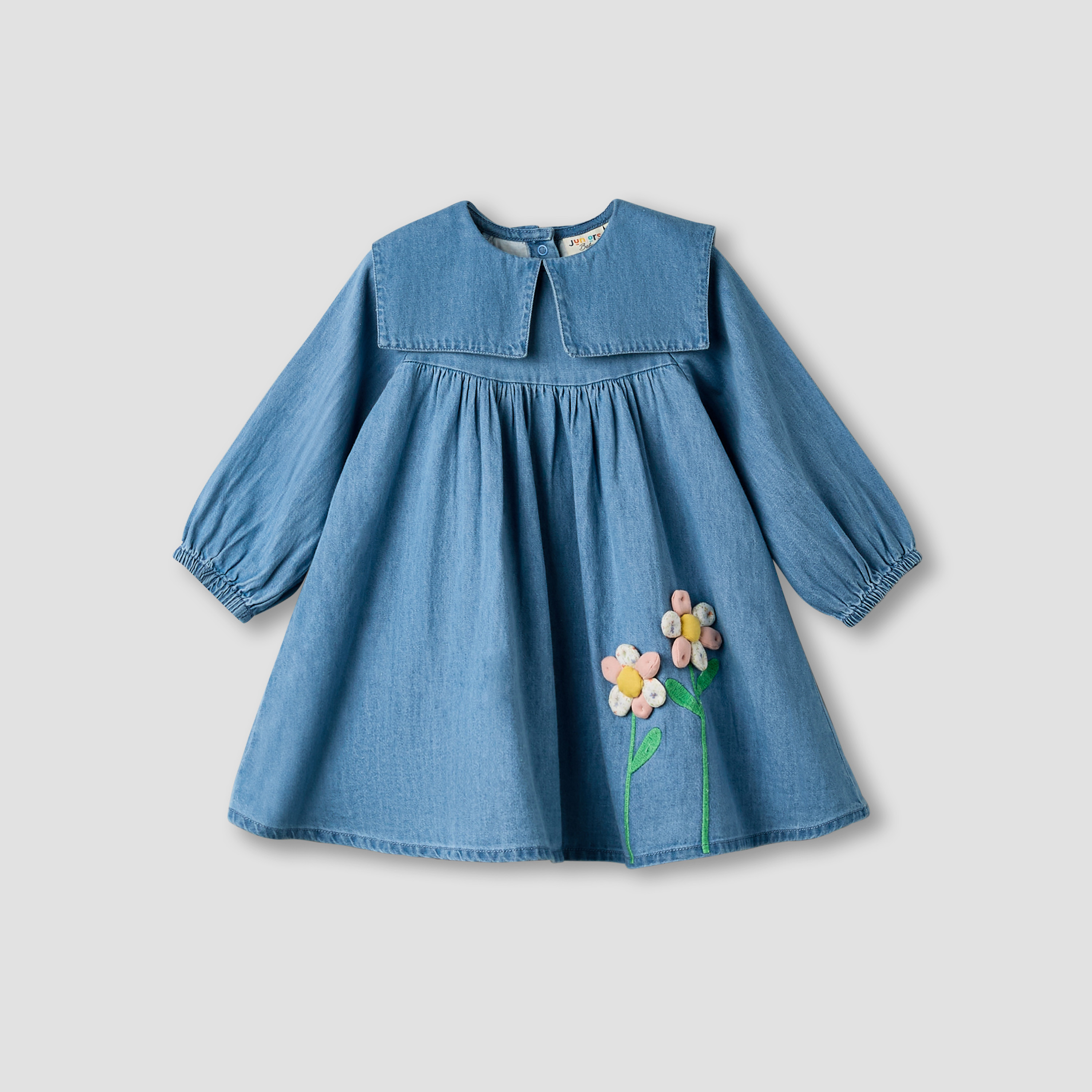 فستان دينم بأكمام طويلة وياقة بحّار مستديرة بتطريز زهور من جونيورز-baby-girls-clothing-dressesandjumpsuits-image-2