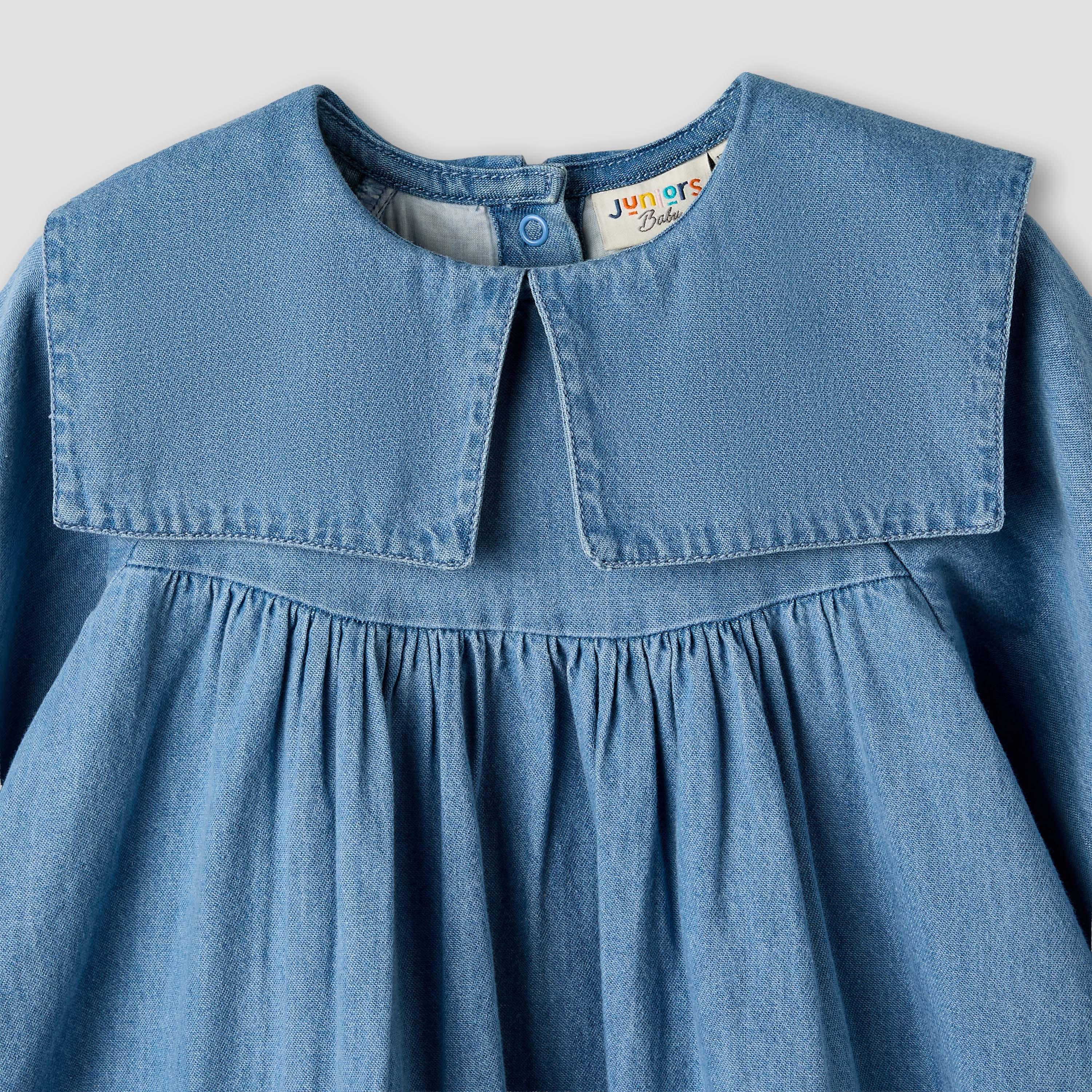 فستان دينم بأكمام طويلة وياقة بحّار مستديرة بتطريز زهور من جونيورز-baby-girls-clothing-dressesandjumpsuits-image-4