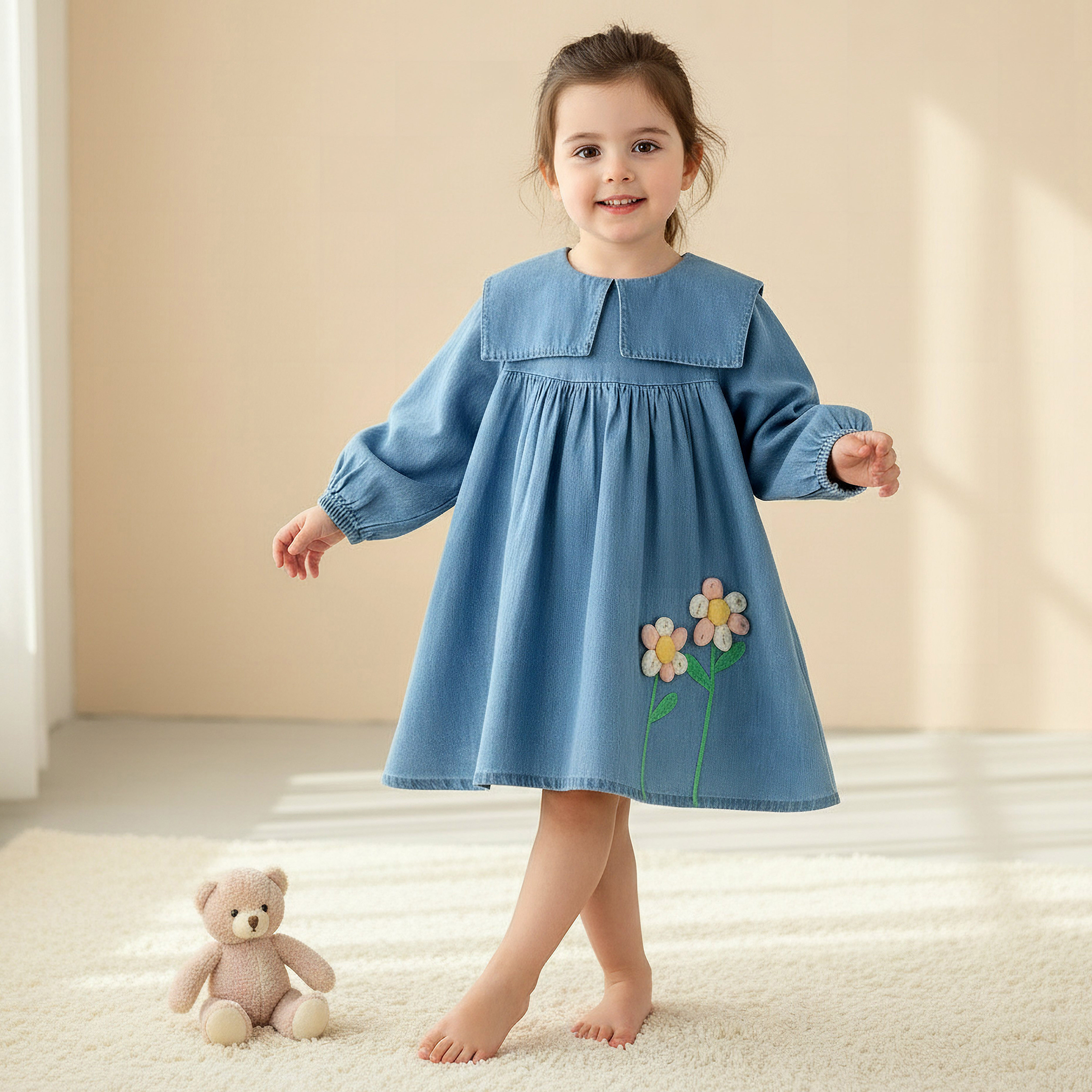 فستان دينم بأكمام طويلة وياقة بحّار مستديرة بتطريز زهور من جونيورز-baby-girls-clothing-dressesandjumpsuits-image-1