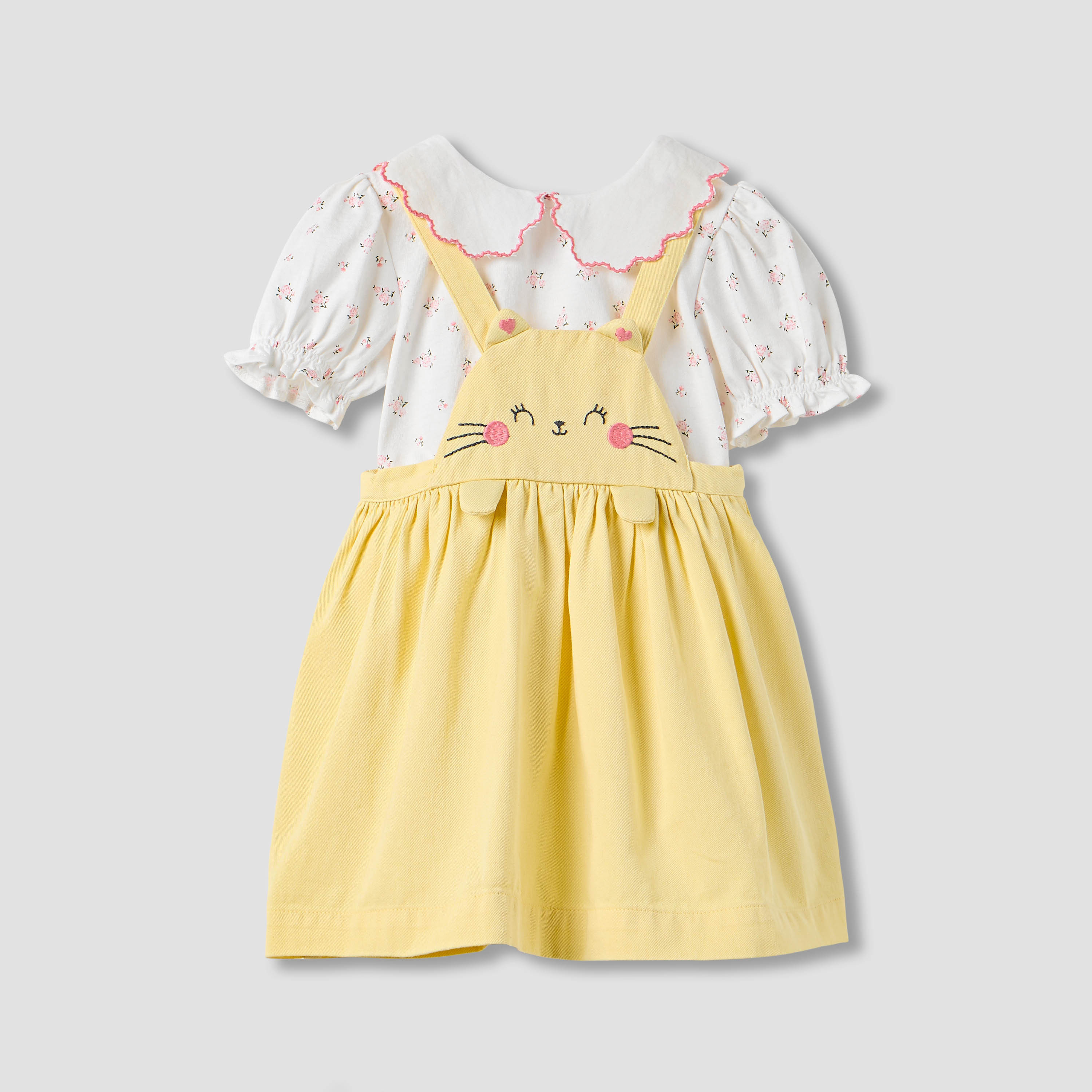 Juniors Cat Embroidered Pinafore and Collared Top Set-baby-girls-clothing-setsandcoords-image-1