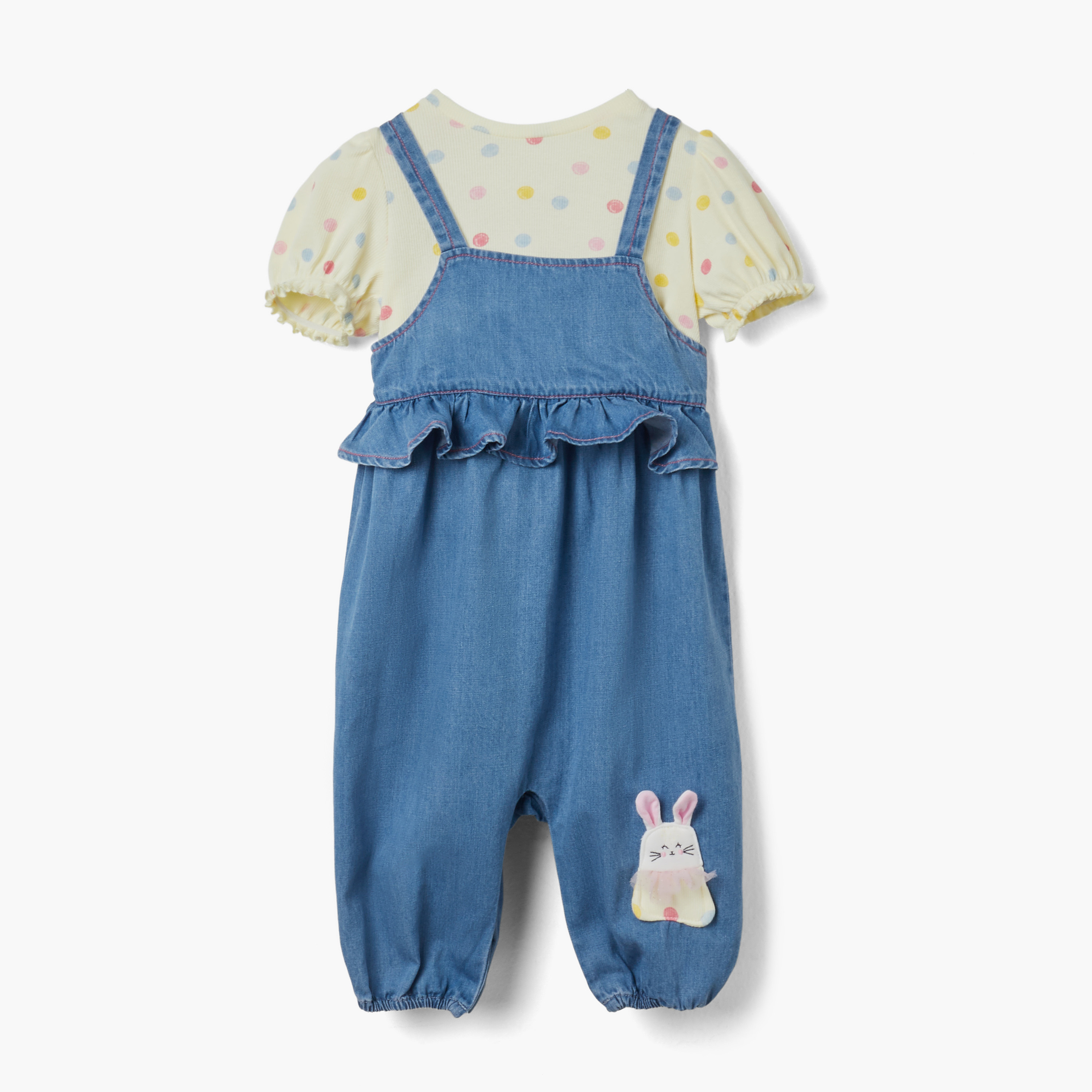 Juniors Bunny Applique Dungaree and Polka Dot Print T-shirt Set-baby-girls-clothing-setsandcoords-image-1