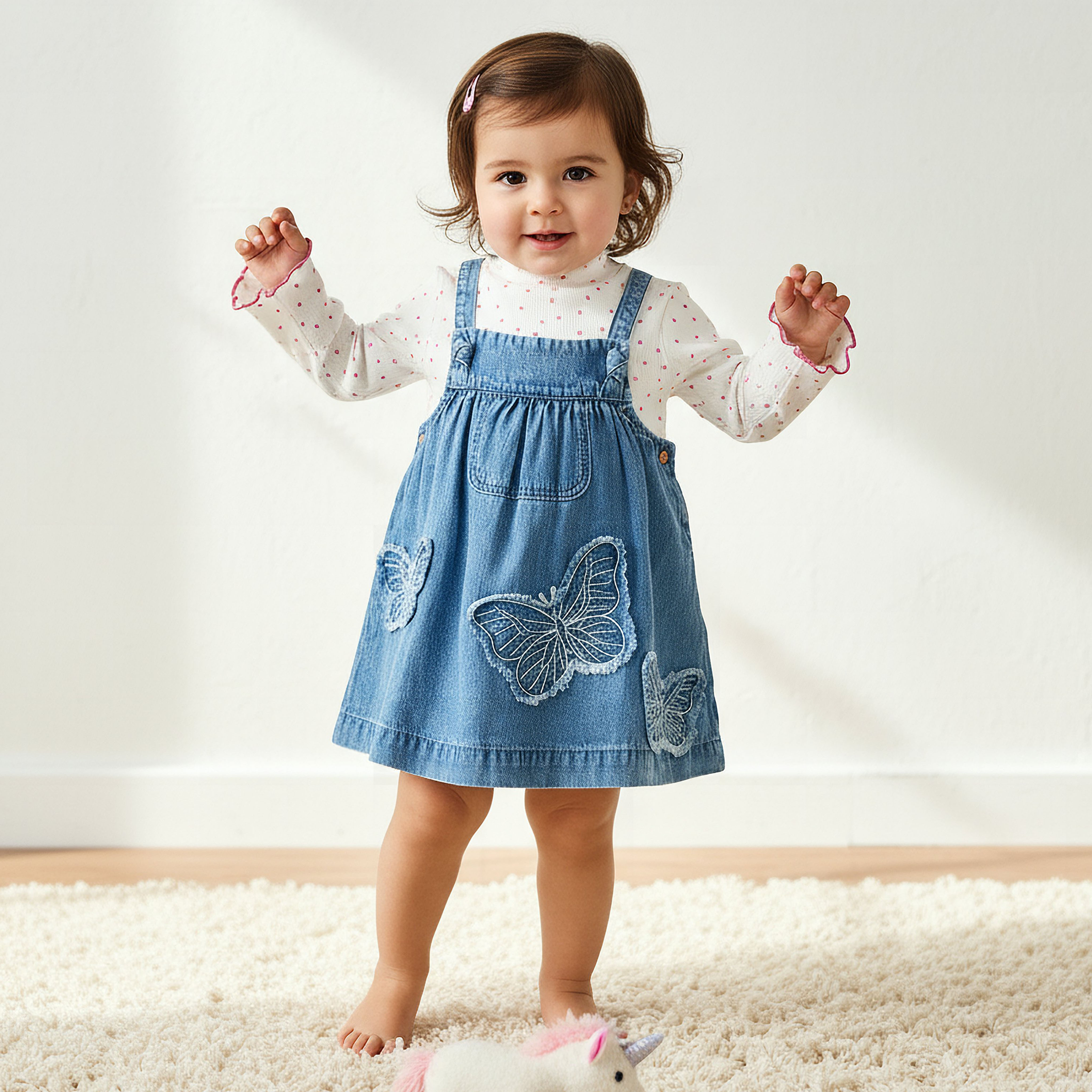Juniors Girls T-shirt and Pinafore Set with Butterfly Applique - Cotton - Long Sleeves - Turtleneck-baby-girls-clothing-setsandcoords-image-1