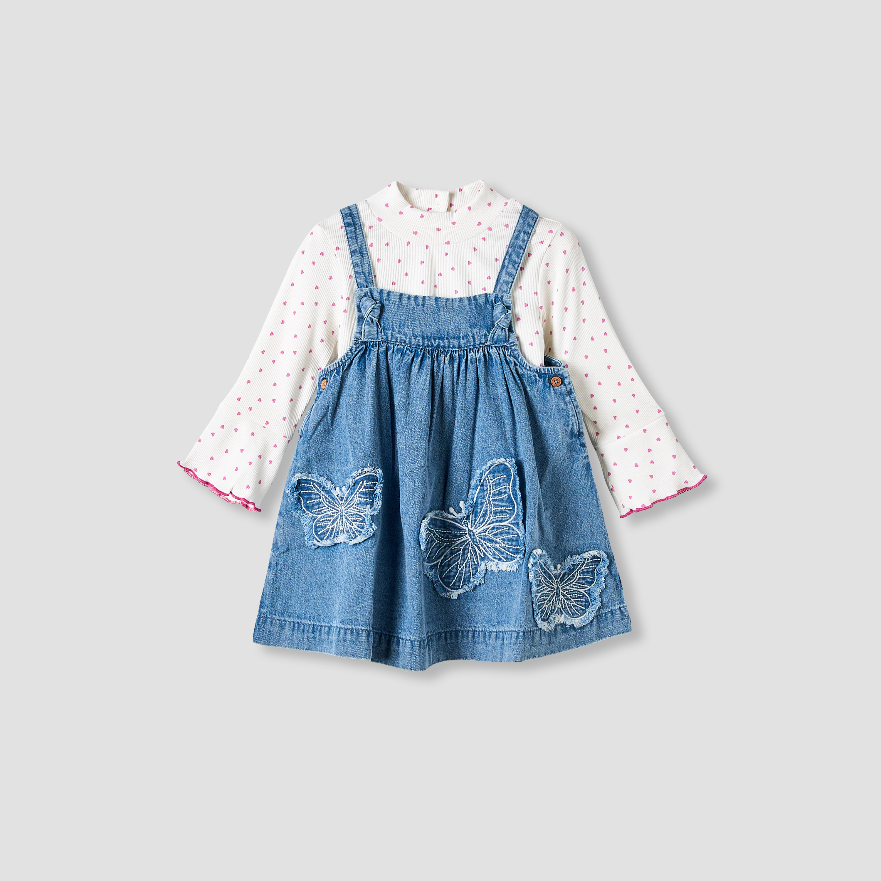 Juniors Girls T-shirt and Pinafore Set with Butterfly Applique - Cotton - Long Sleeves - Turtleneck-baby-girls-clothing-setsandcoords-image-2