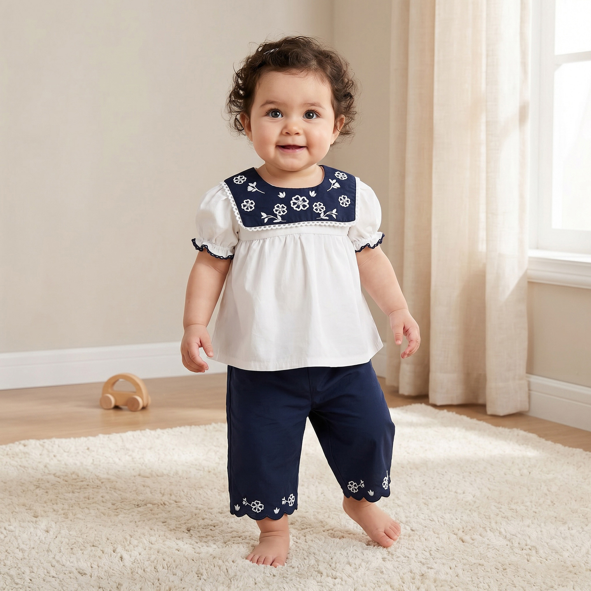 Juniors Round Neck Short Sleeves Top and Wide Leg Pants Set with Floral Embroidery-baby-girls-clothing-setsandcoords-image-1