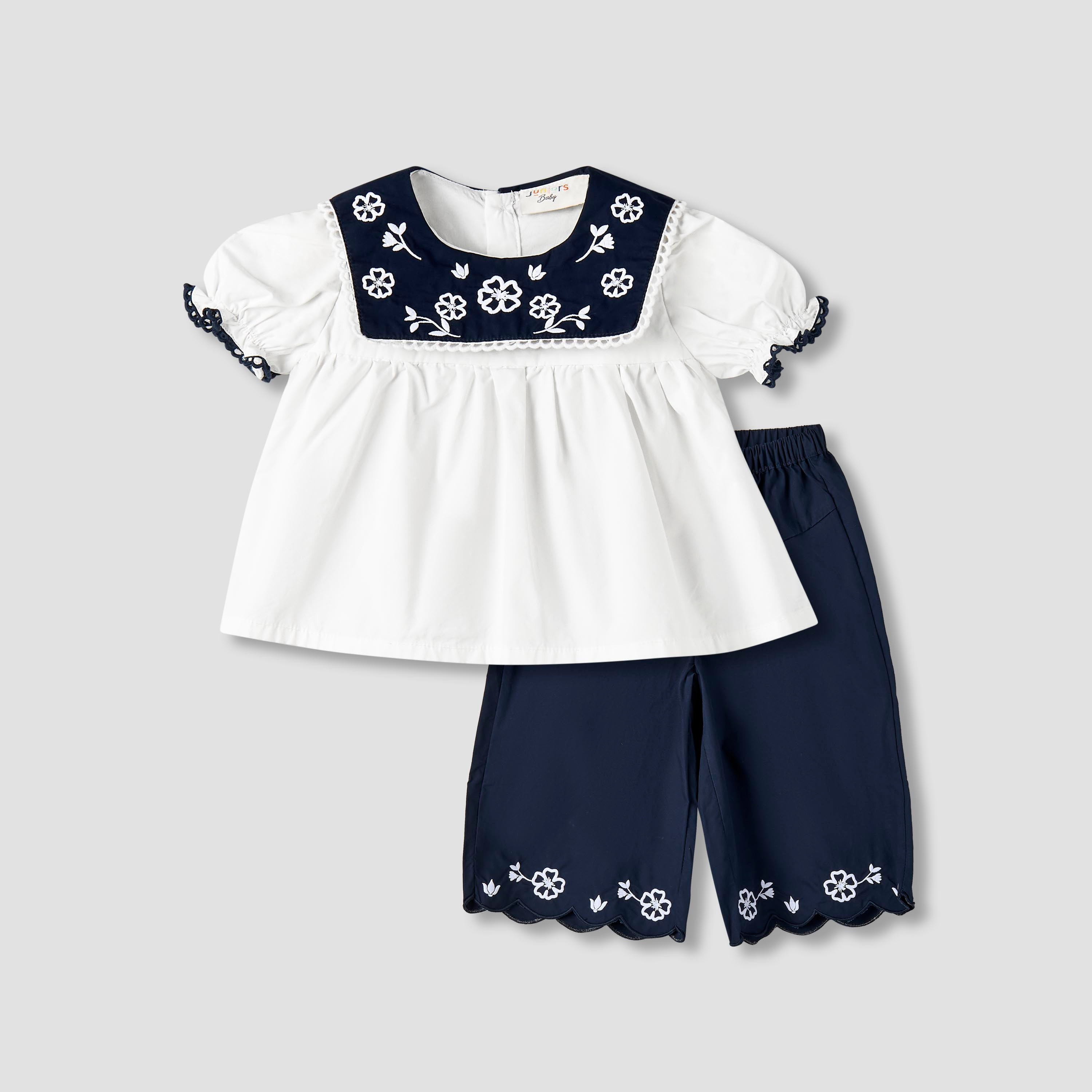 Juniors Round Neck Short Sleeves Top and Wide Leg Pants Set with Floral Embroidery-baby-girls-clothing-setsandcoords-image-2