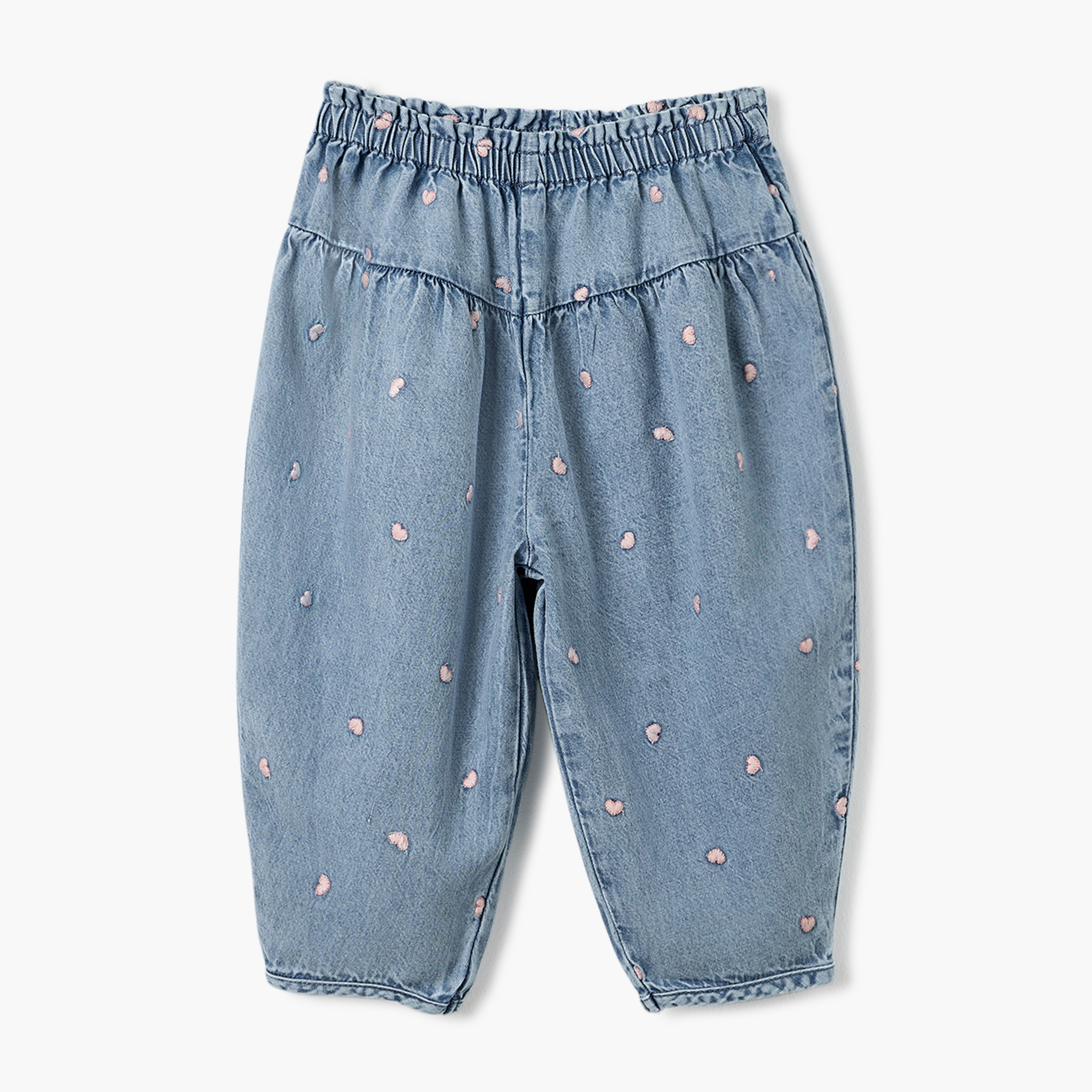 Juniors All-Over Heart Embroidered Denim Pants with Elasticated Waistband-baby-girls-clothing-bottoms-trousers-image-1