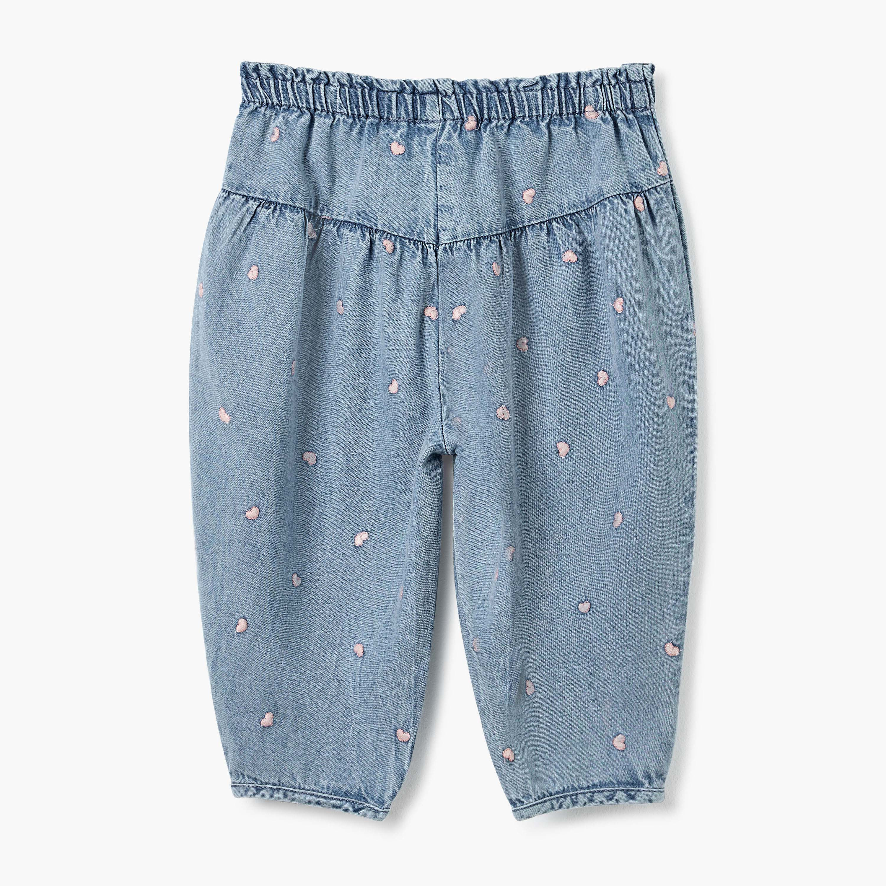 Juniors All-Over Heart Embroidered Denim Pants with Elasticated Waistband-baby-girls-clothing-bottoms-trousers-image-2