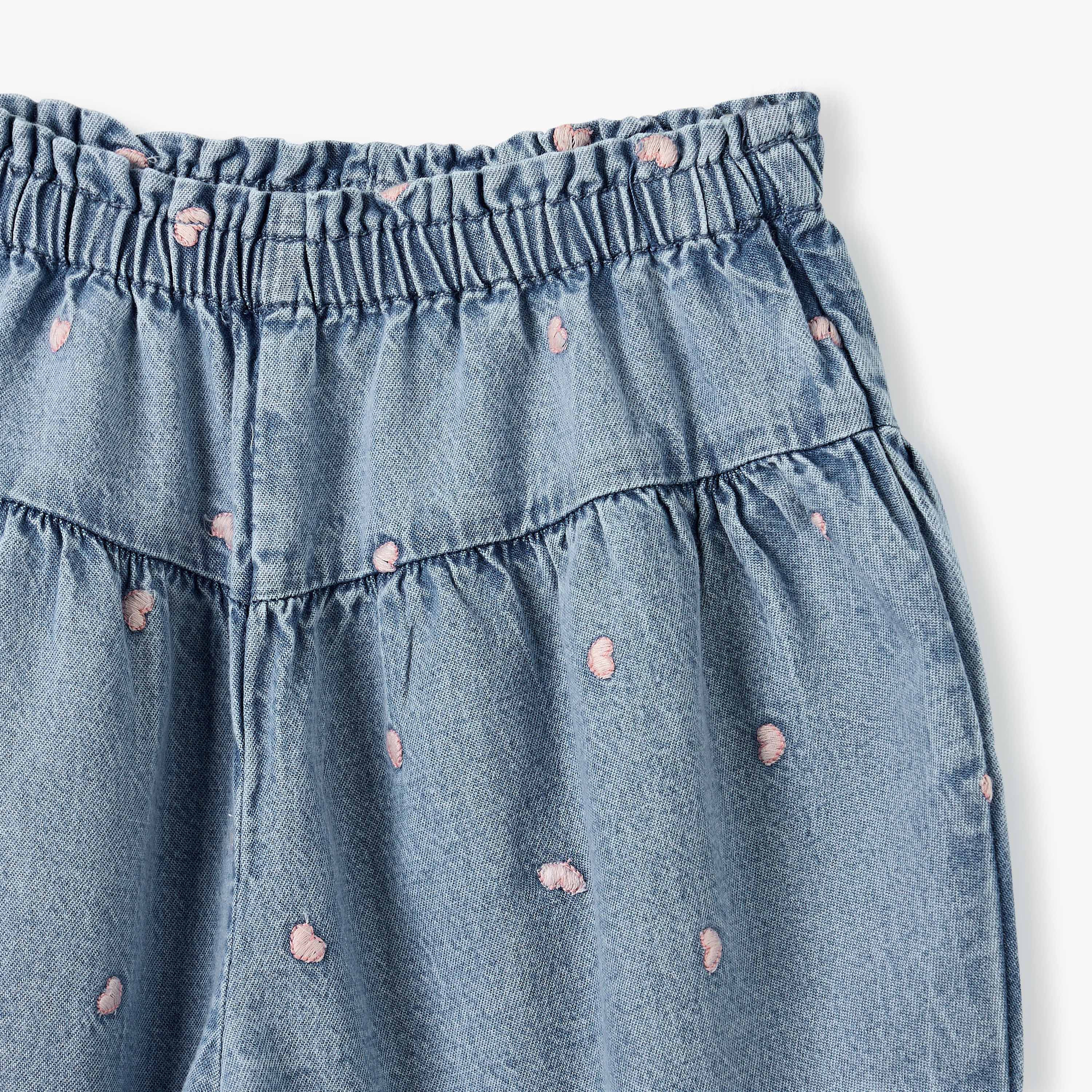 Juniors All-Over Heart Embroidered Denim Pants with Elasticated Waistband-baby-girls-clothing-bottoms-trousers-image-3